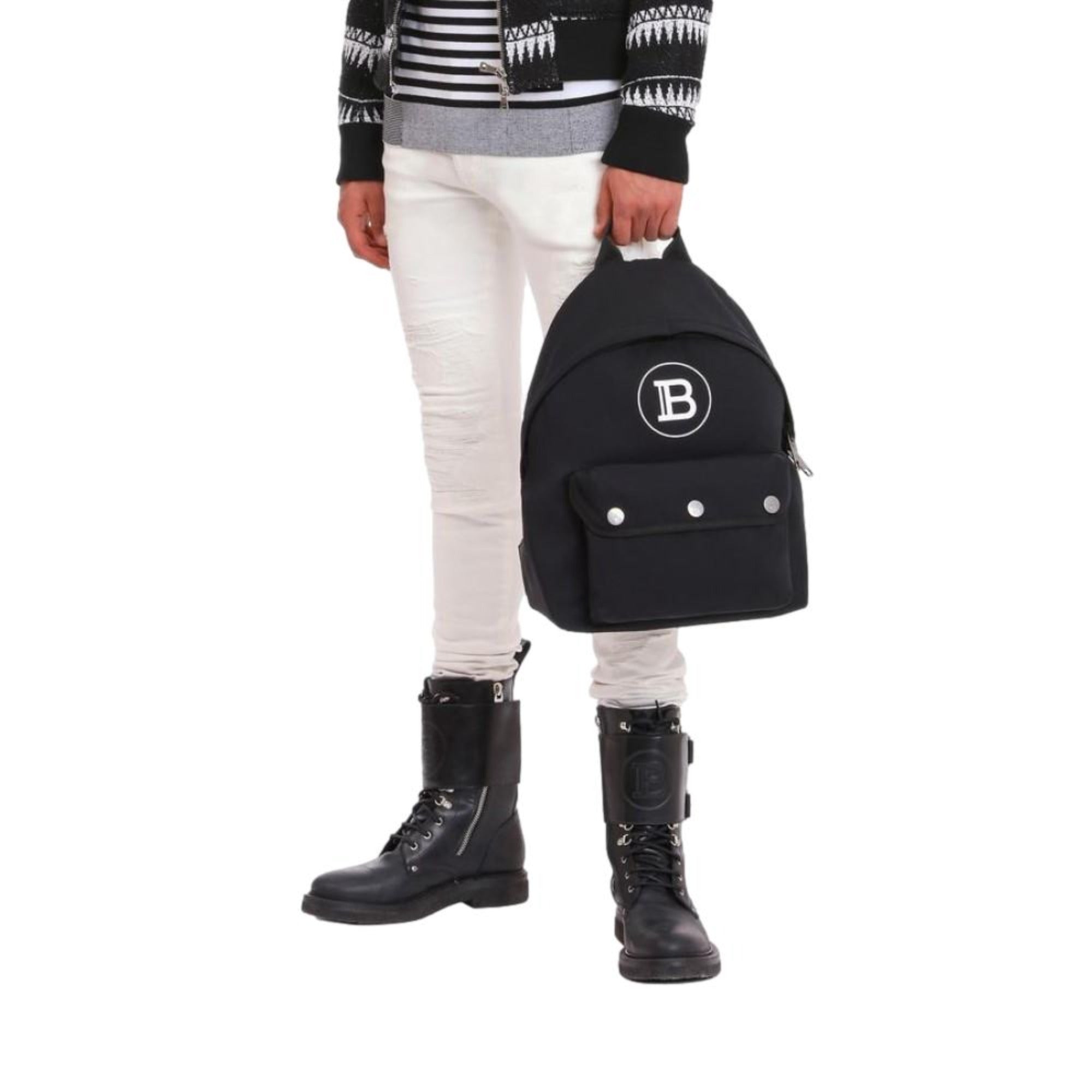 Balmain B-Back Logo Backpack - Sleek Black Nylon & White Accents -   Shop Bags LLC