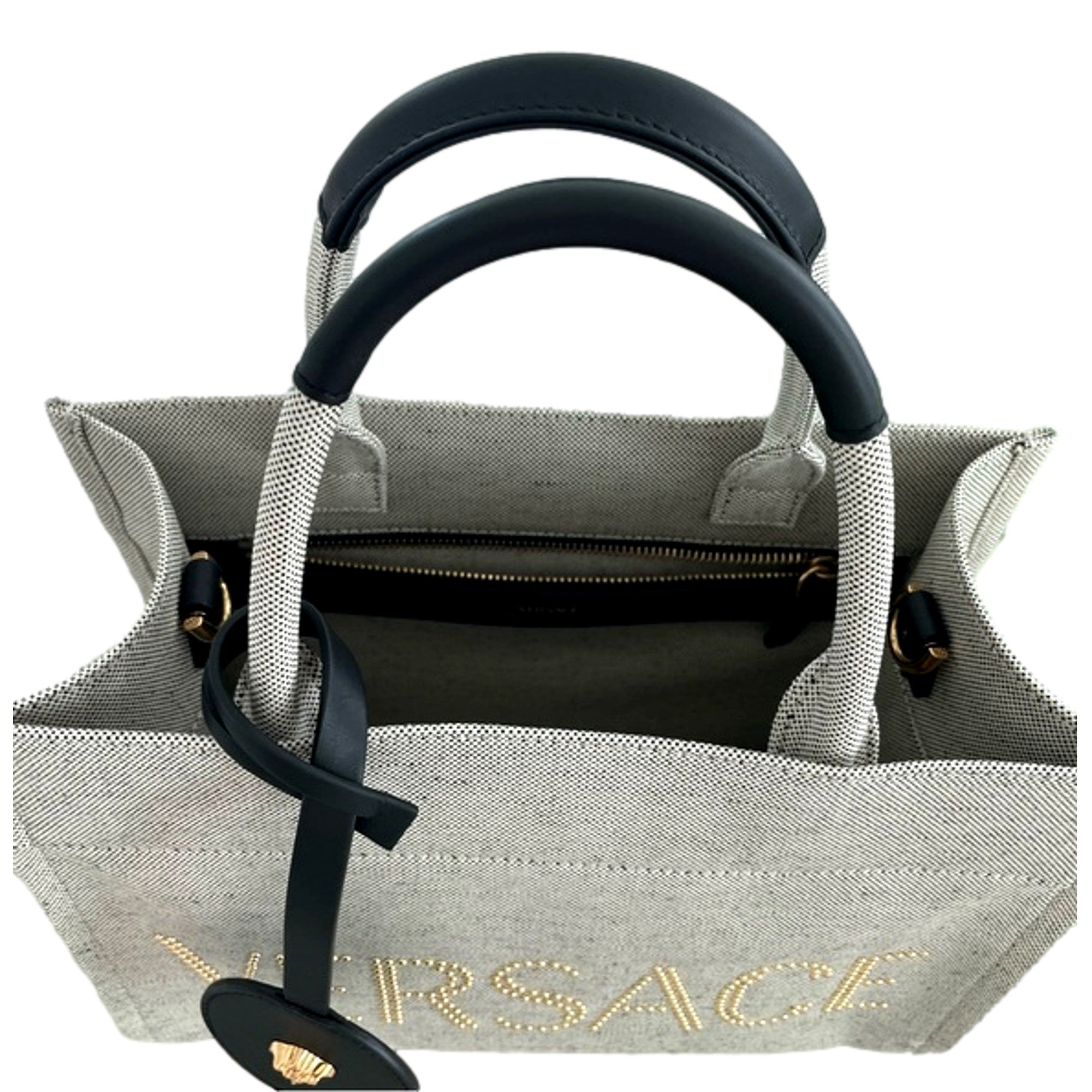 Versace Tote Bag: Ecru Canvas Mini Bag with Studded Logo Design