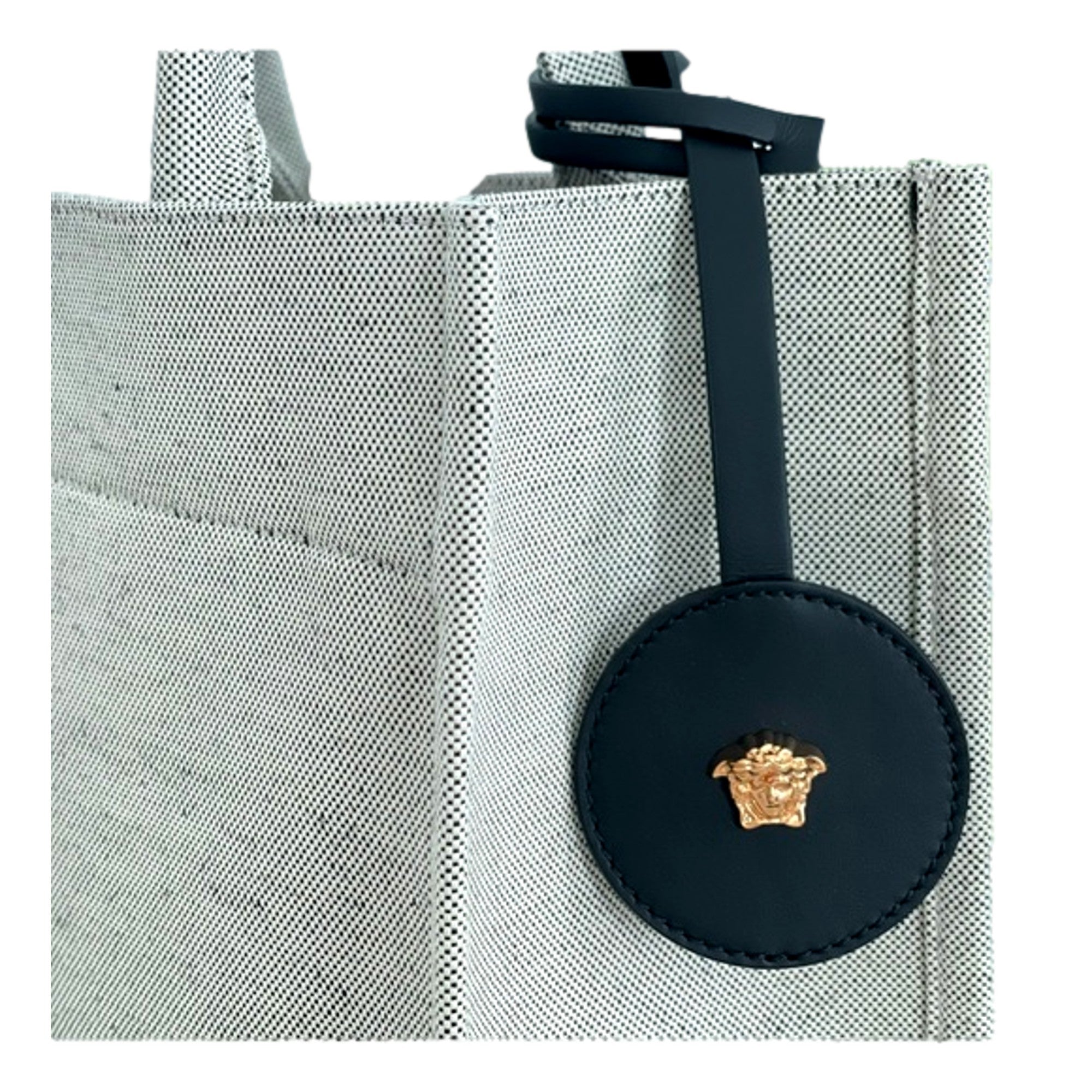 Versace Tote Bag: Ecru Canvas Mini Bag with Studded Logo Design