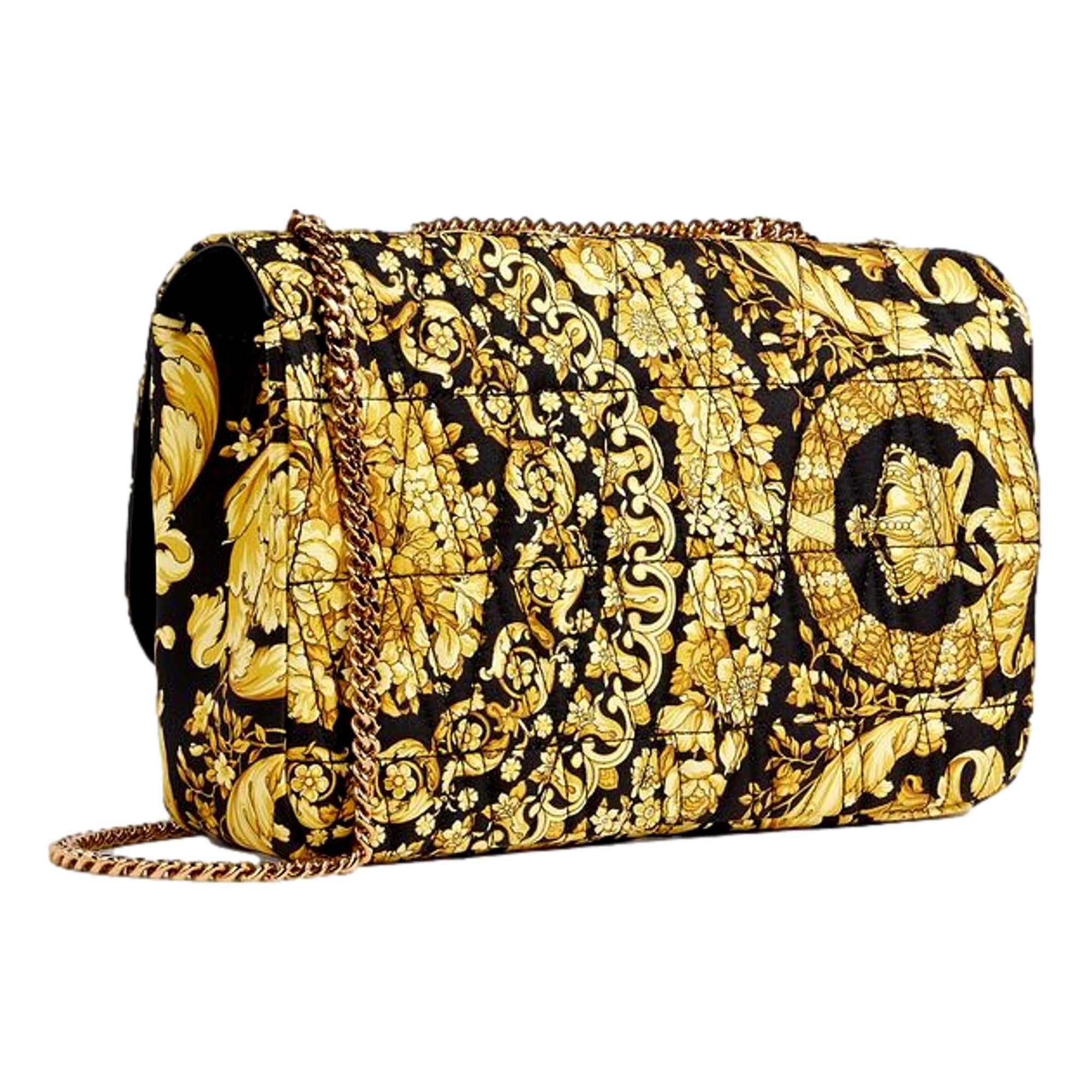 Luxurious Quilted Versace Virtus Shoulder Bag in Black & Gold Silk