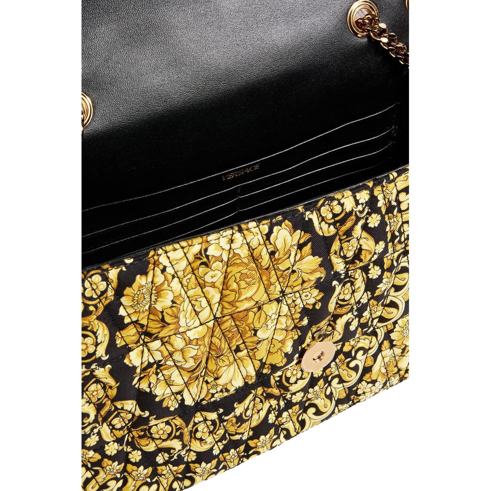 Luxurious Quilted Versace Virtus Shoulder Bag in Black & Gold Silk