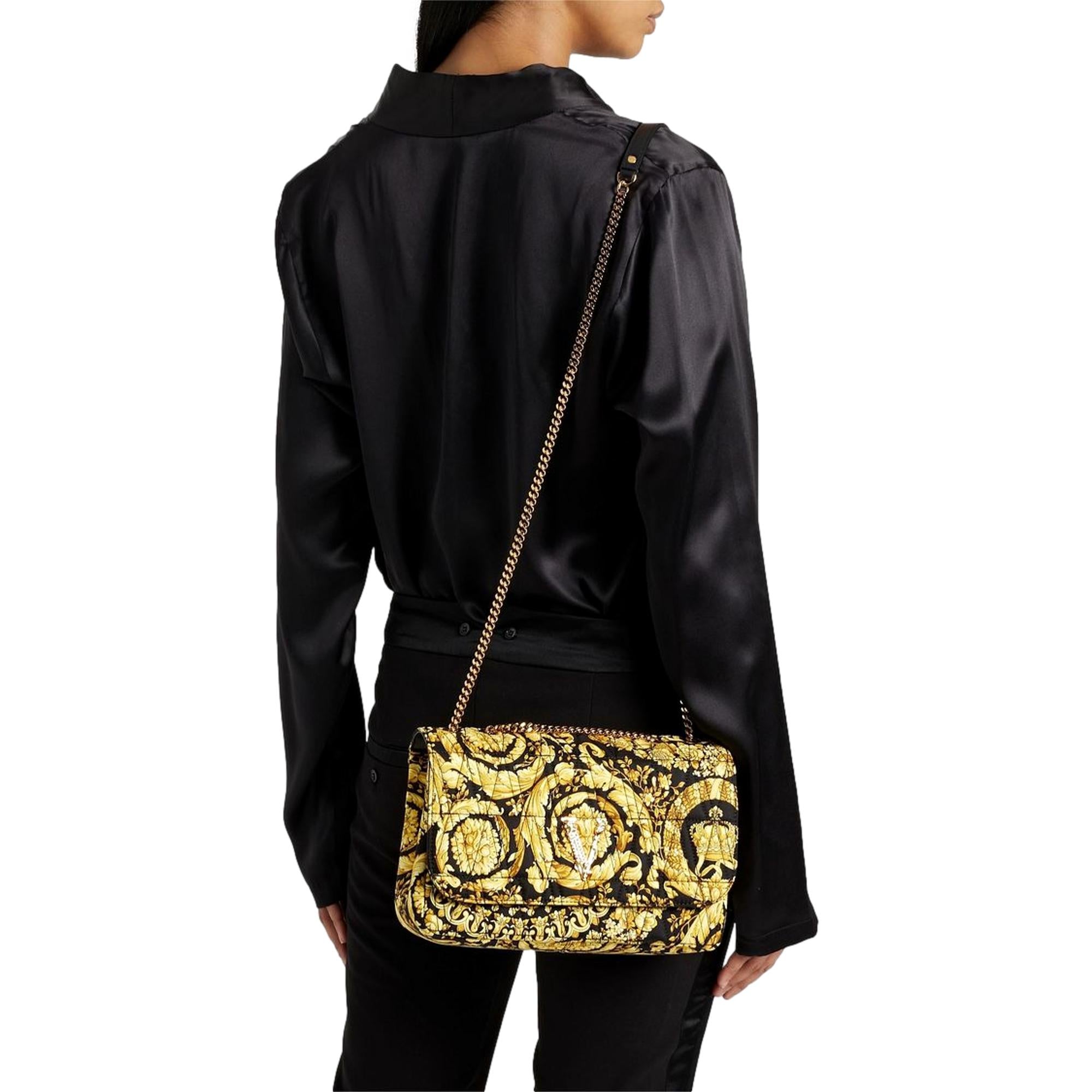 Luxurious Quilted Versace Virtus Shoulder Bag in Black & Gold Silk
