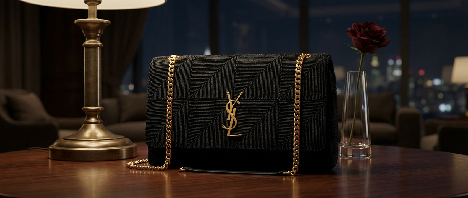 Black handbag with gold chain on a table in an elegant room setting