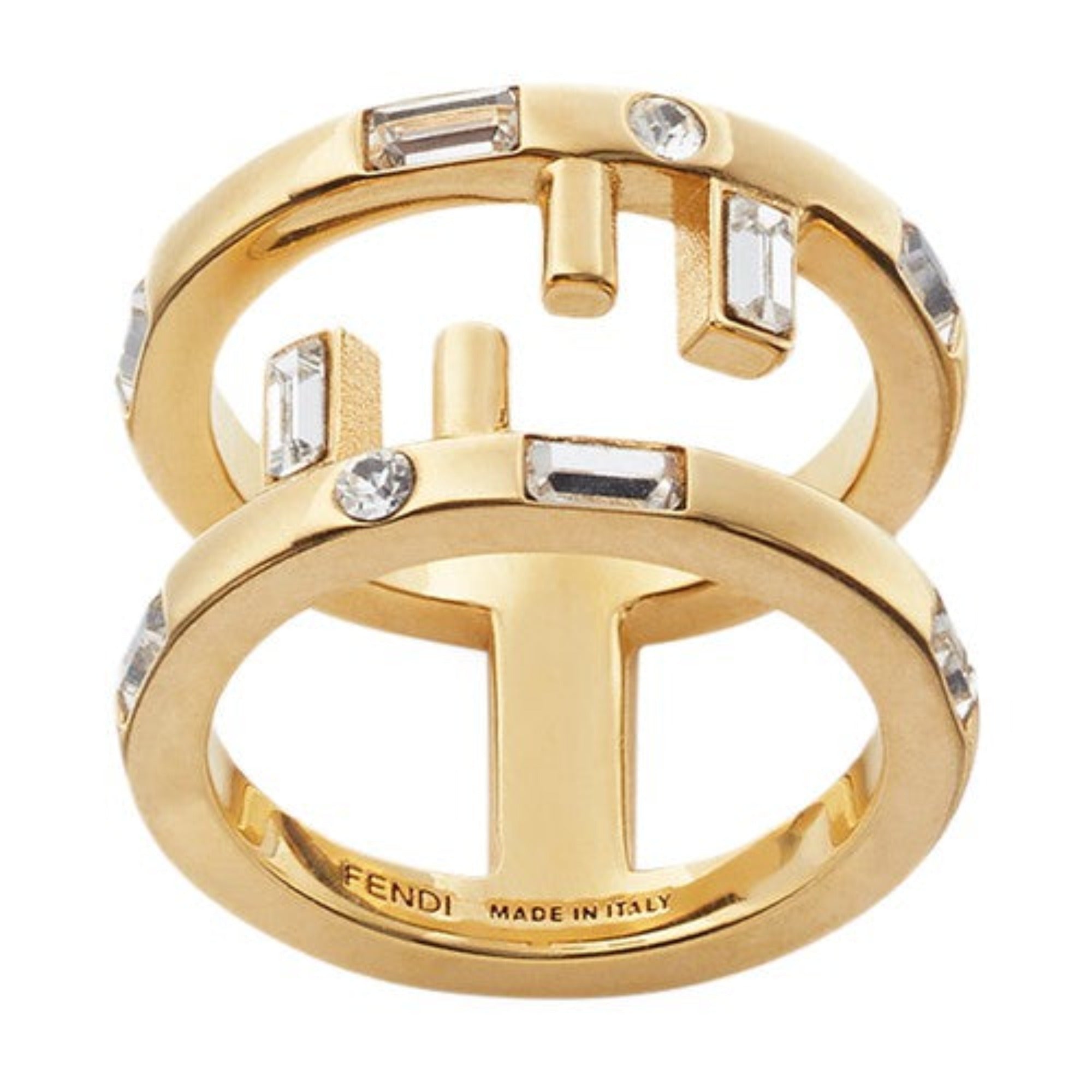 Elegant Small Fashion Ring - Fendi Gold Finish & White Crystal -   Shop Bags 
