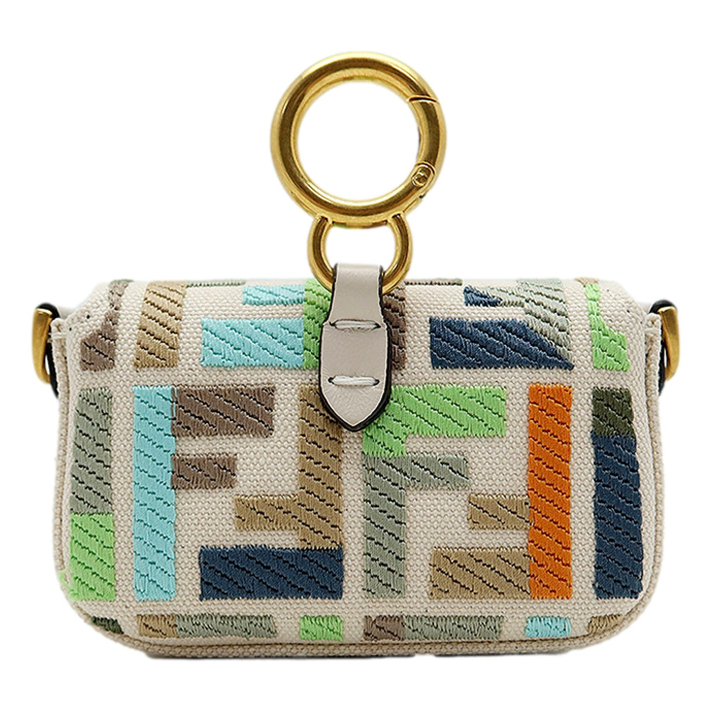 Fendi Canvas FF Embroidery Nano Baguette Charm - Beige Multicolor -   Shop Bags LLC