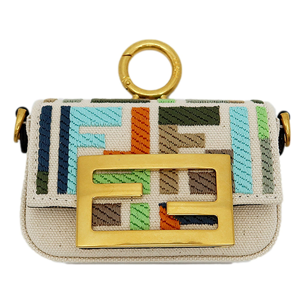Fendi Canvas FF Embroidery Nano Baguette Charm - Beige Multicolor -   Shop Bags LLC