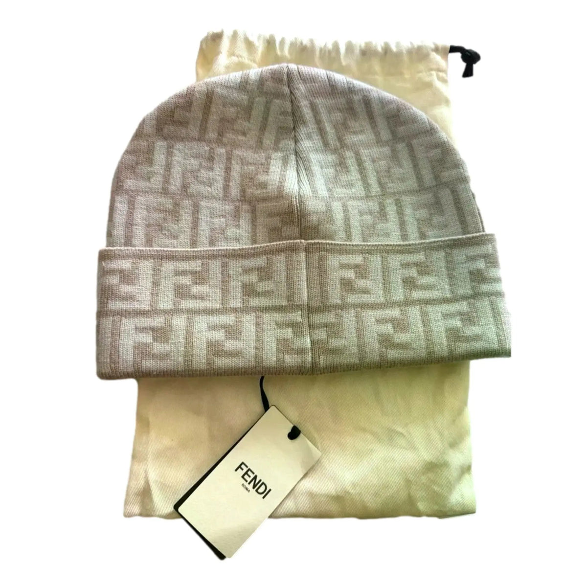 Fendi FF Logo Knit Beanie Hat Beige – Elevate Your Winter