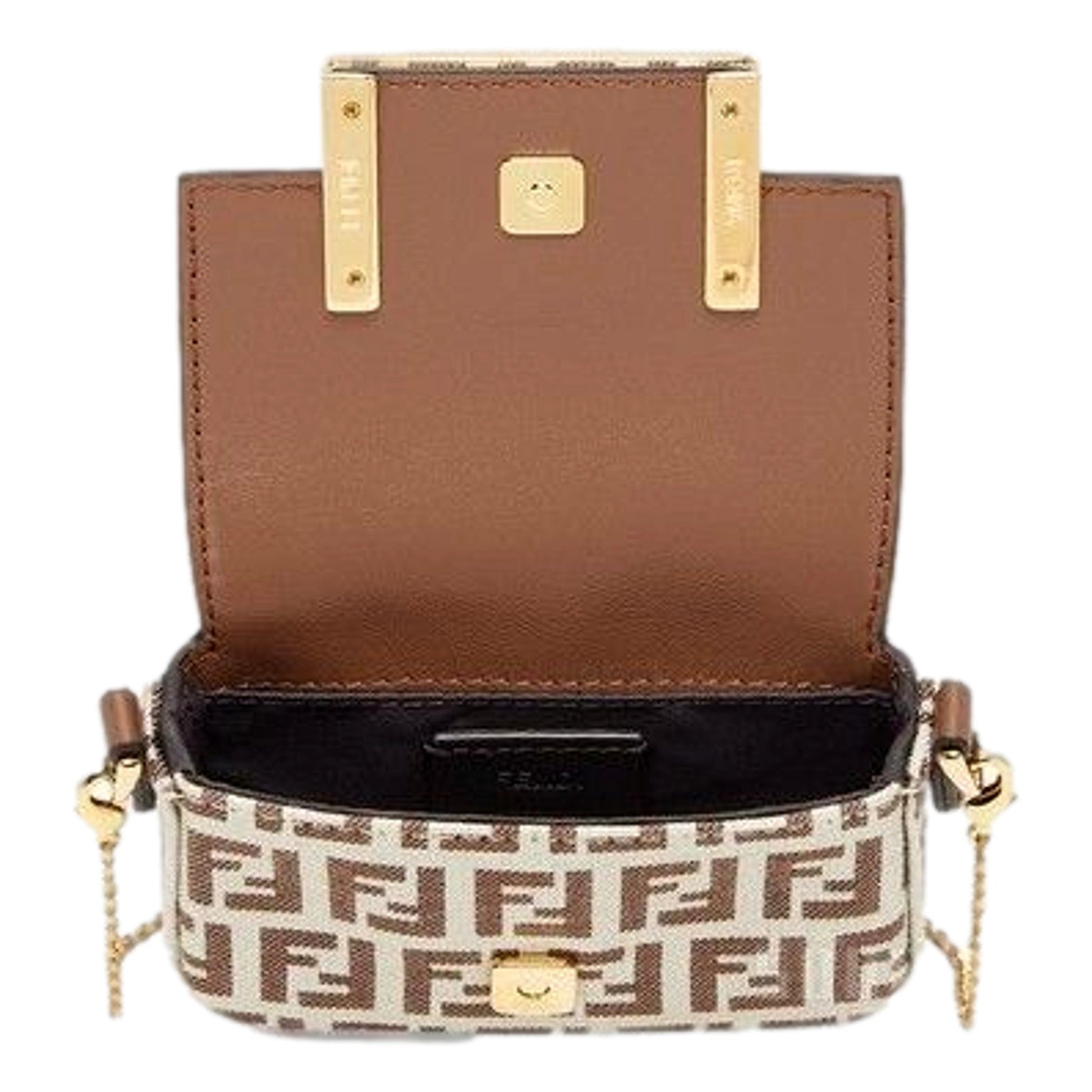 Fendi FF Canvas Nano Baguette Charm Crossbody Bag Brown White Gold Hardware -   Shop Bags LLC 