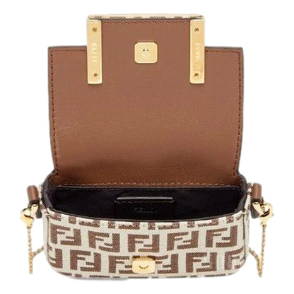 Fendi FF Canvas Nano Baguette Charm Crossbody Bag Brown White Gold Hardware -   Shop Bags LLC 
