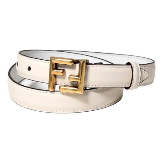 Fendi FF Logo Belt: Gold Buckle & White Leather. Elegance Redefined.
