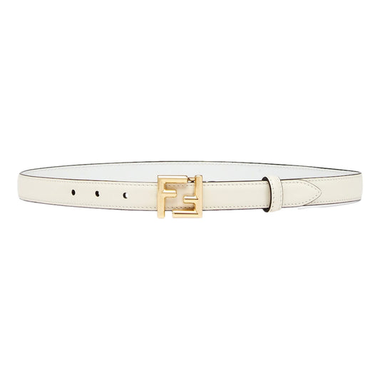 Fendi FF Logo Belt: Gold Buckle & White Leather. Elegance Redefined.