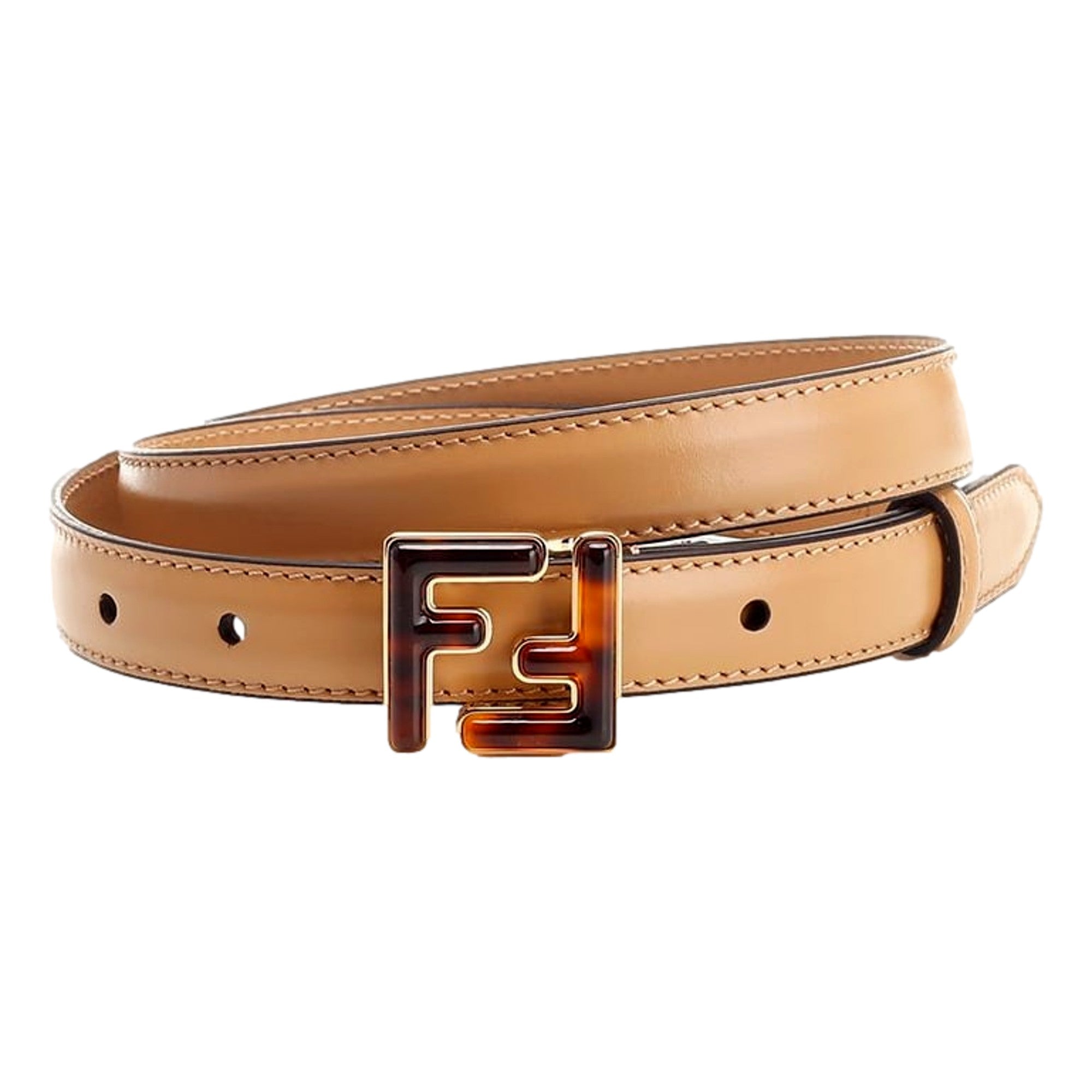 Fendi FF Skinny Tan Brown Leather Belt Tortoise Shell Buckle 95 -   Shop Bags LLC