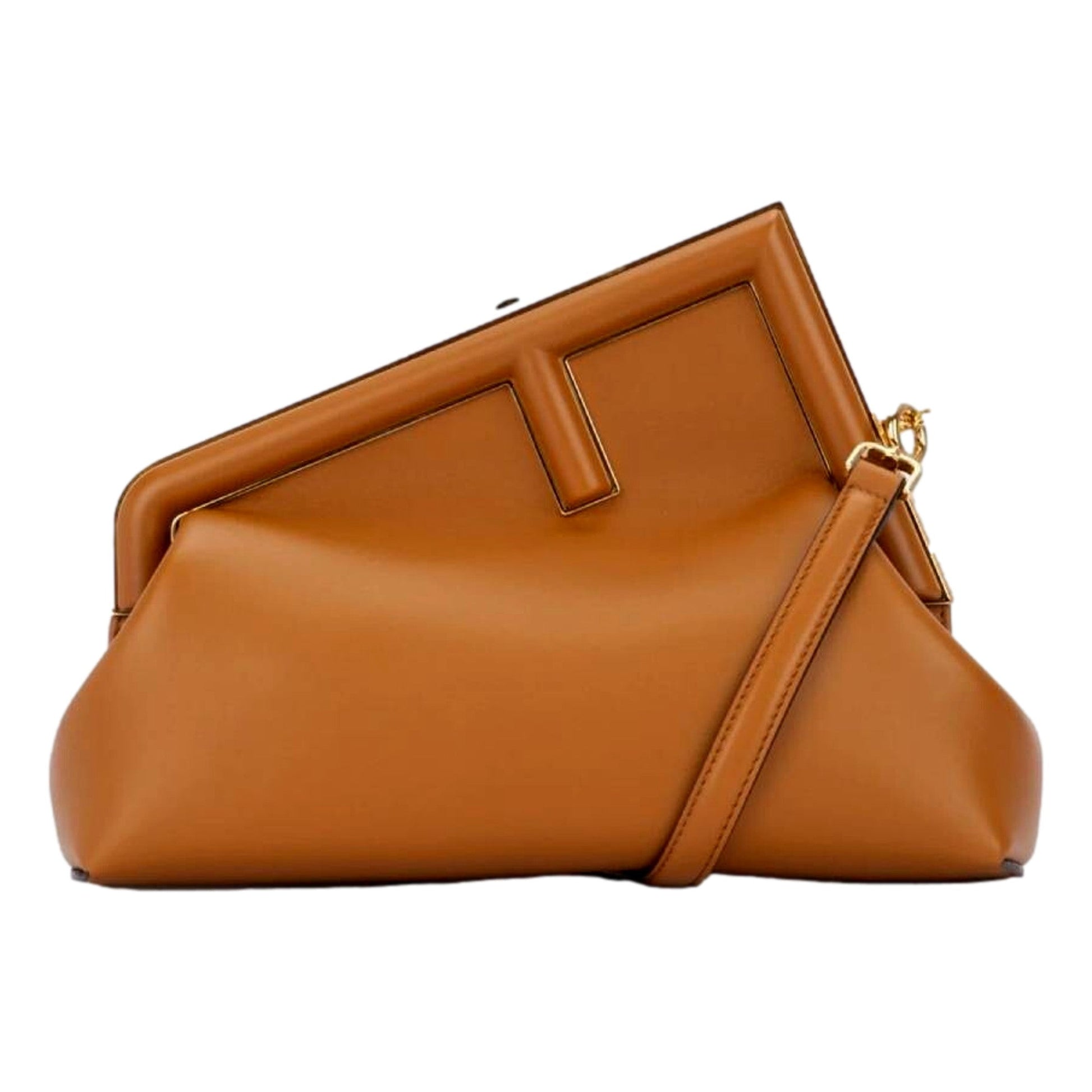 Fendi First Midi Clutch Crossbody in Caramel Brown Nappa Leather with Gold FF Logo -   Shop Bags LLC 