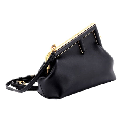 Fendi First Midi Nappa Leather Clutch Crossbody Bag Nero Black Gold FF Logo -   Shop Bags LLC 