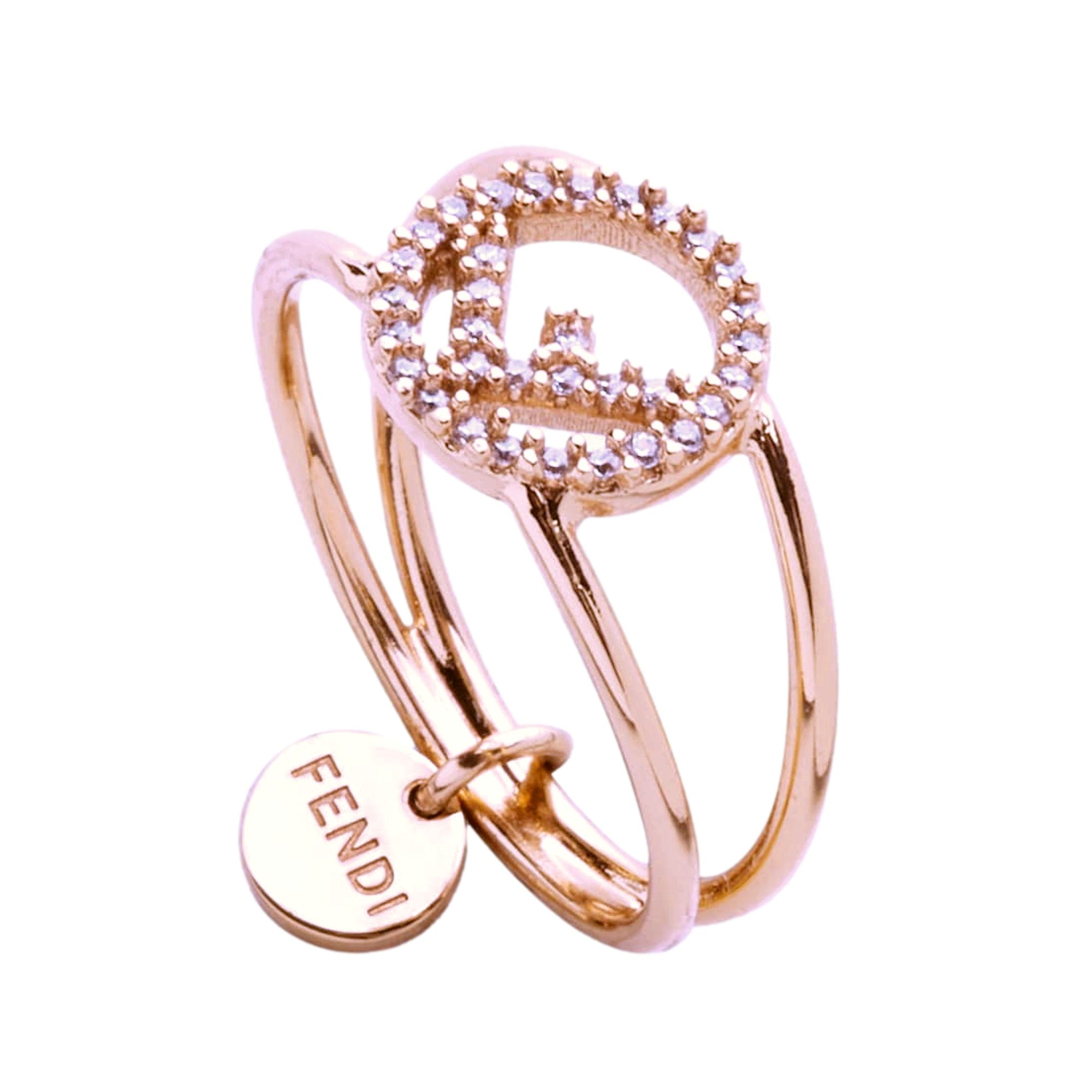 Fendi Ring: Crystal Logo Rose Gold Elegance - Size Small -   Shop Bags 