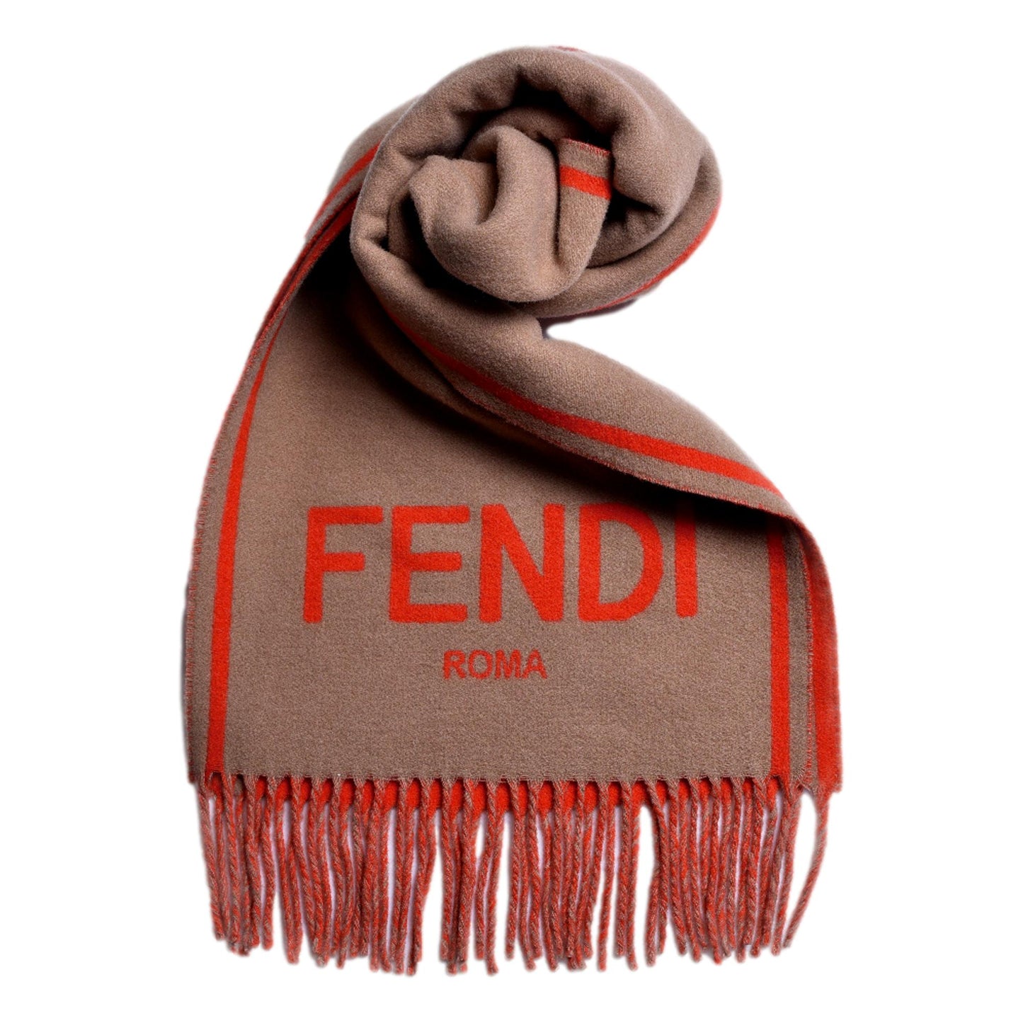 Fendi Roma Cashmere Scarf Beige Orange Logo -   Shop Bags LLC 