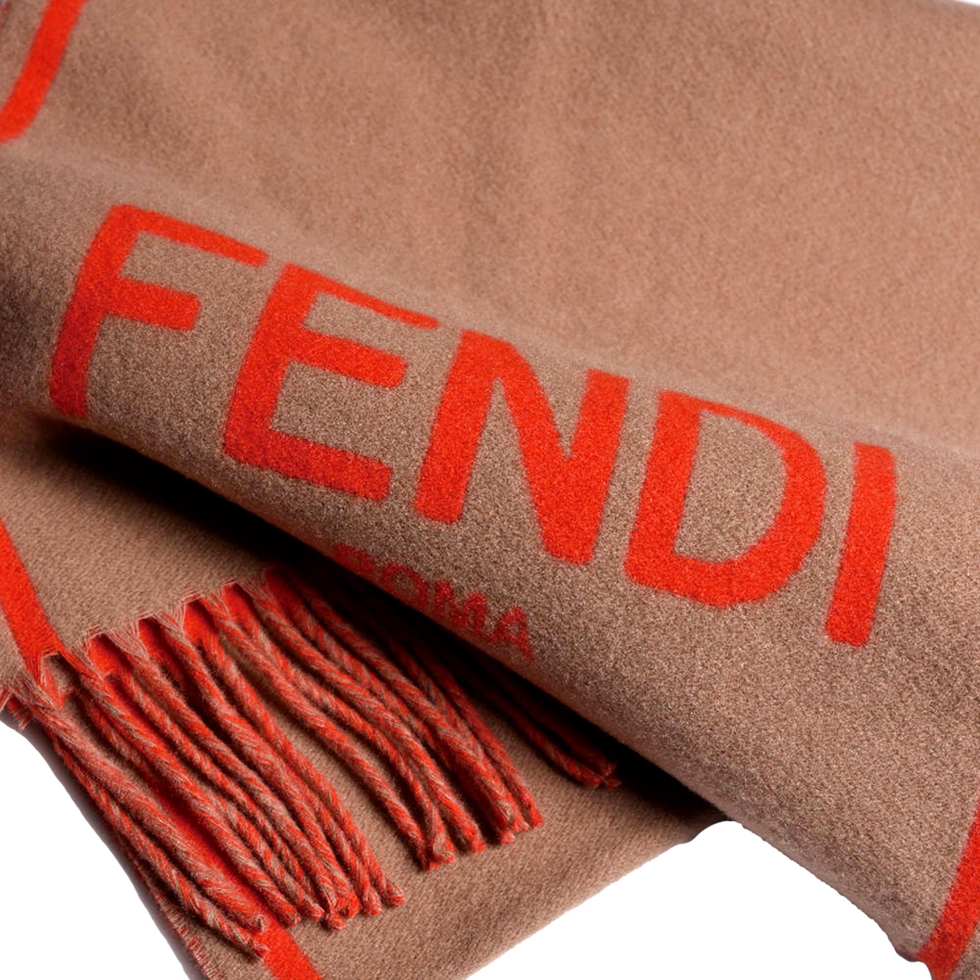 Fendi Roma Cashmere Scarf Beige Orange Logo -   Shop Bags LLC 