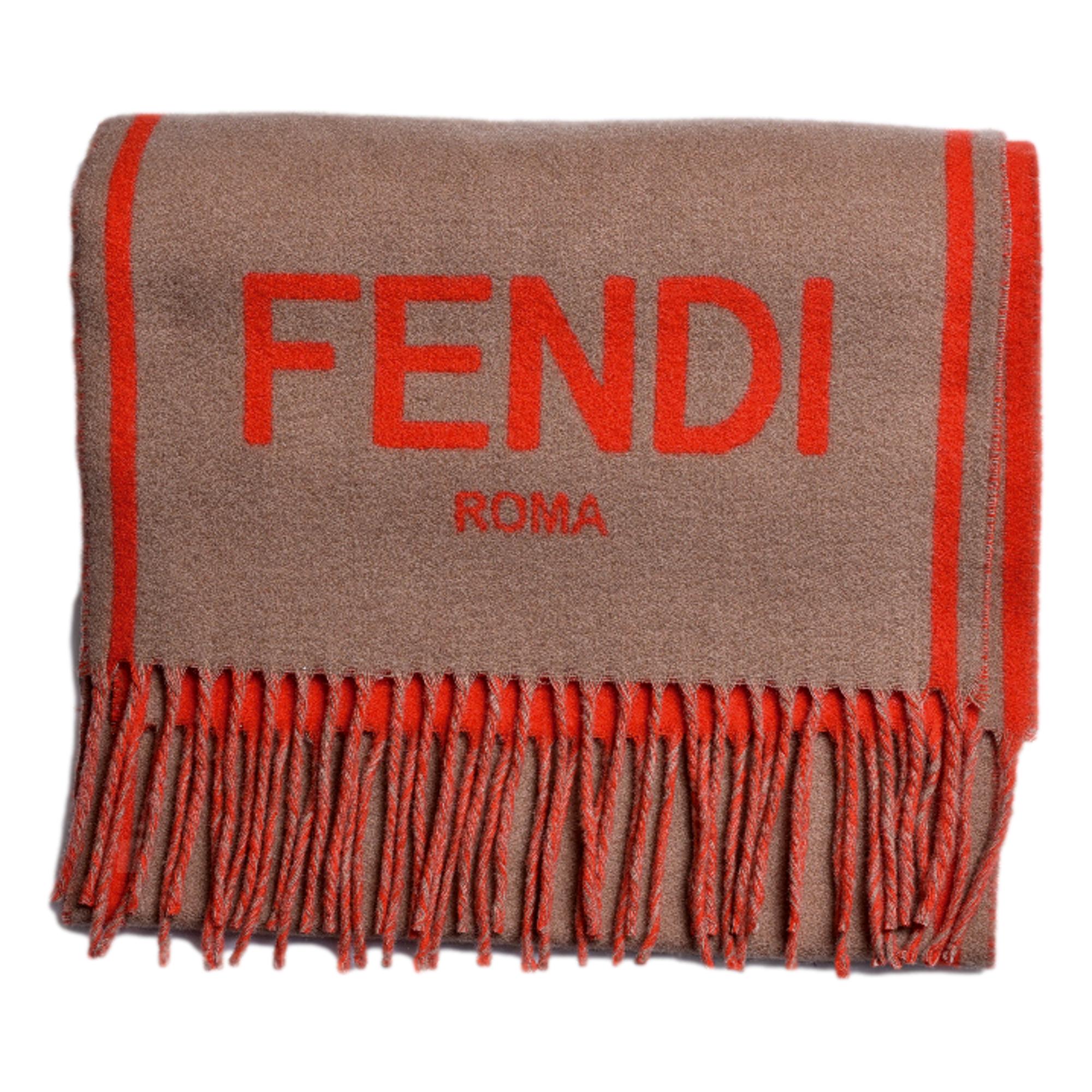 Fendi Roma Cashmere Scarf Beige Orange Logo -   Shop Bags LLC 
