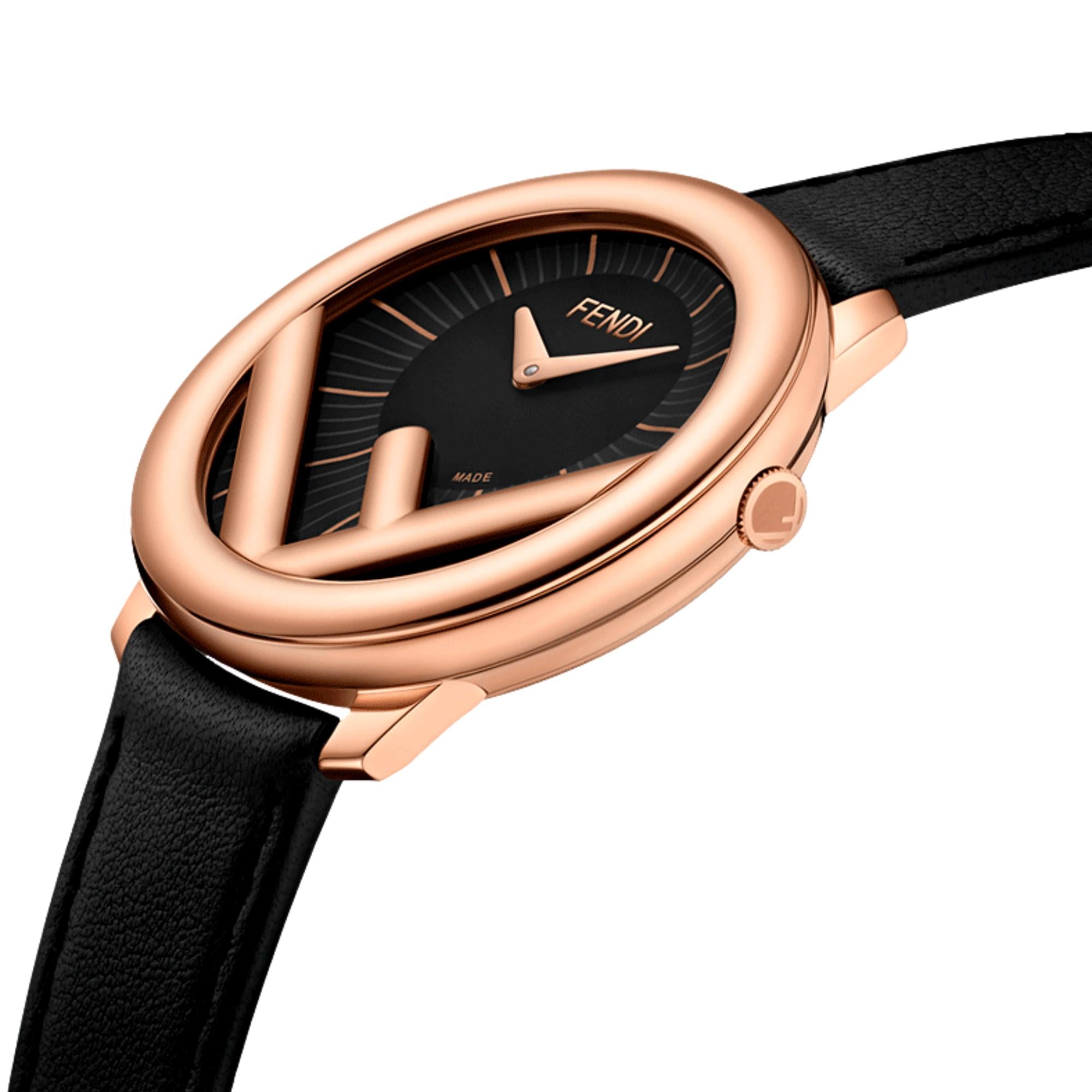 Fendi Runaway Watch: Rose Gold Elegance on Black Leather, 36MM -   Shop Bags 