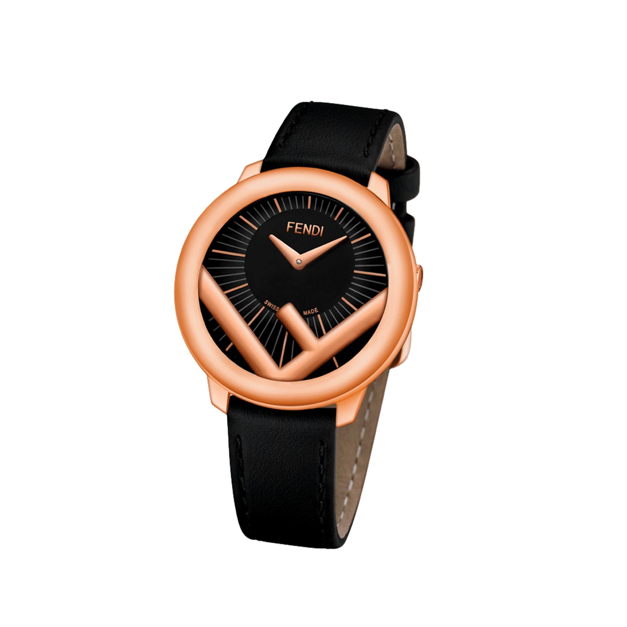 Fendi Runaway Watch: Rose Gold Elegance on Black Leather, 36MM -   Shop Bags 