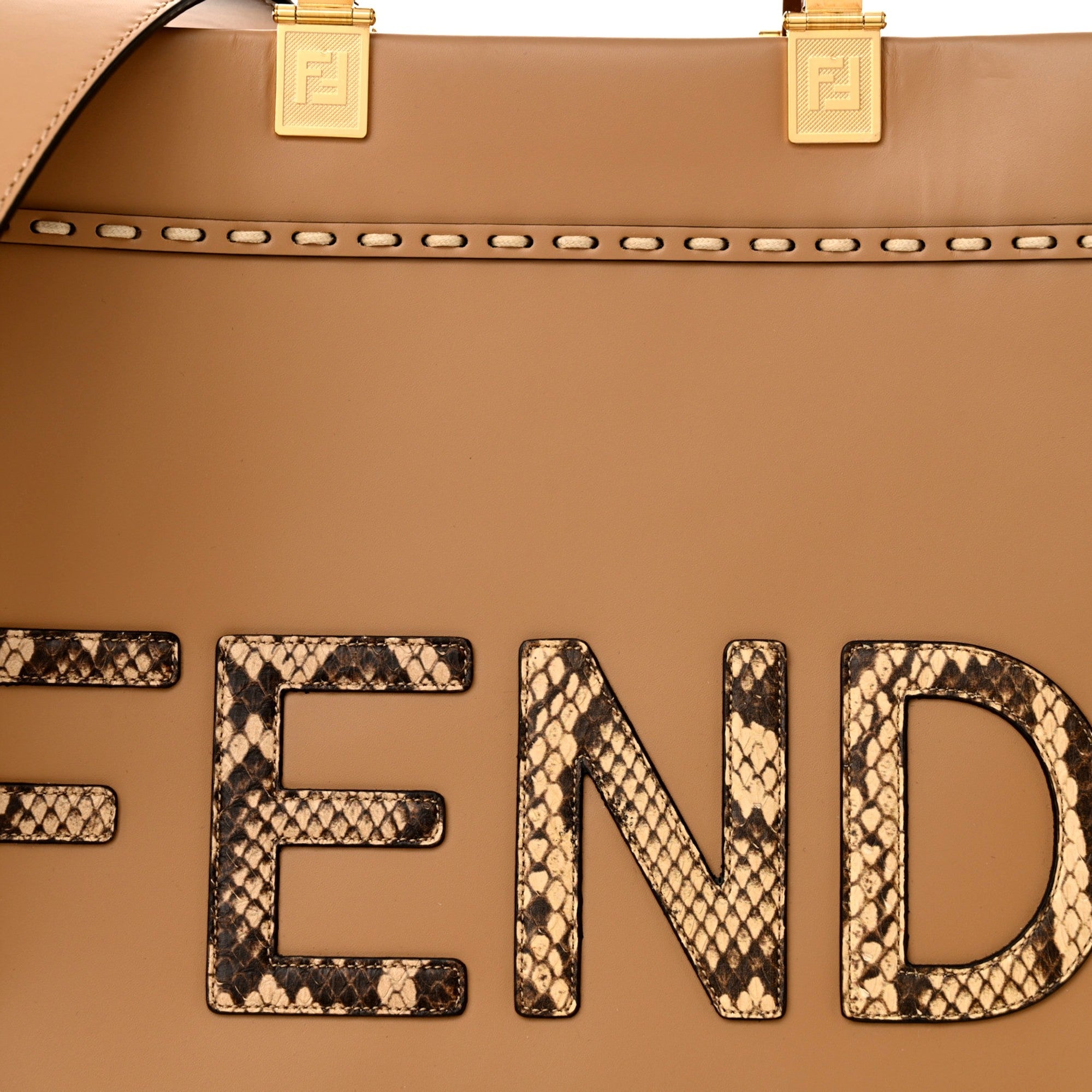 Fendi Sunshine Tan Leather Snake Print Logo Large Tote -   Shop Bags LLC
