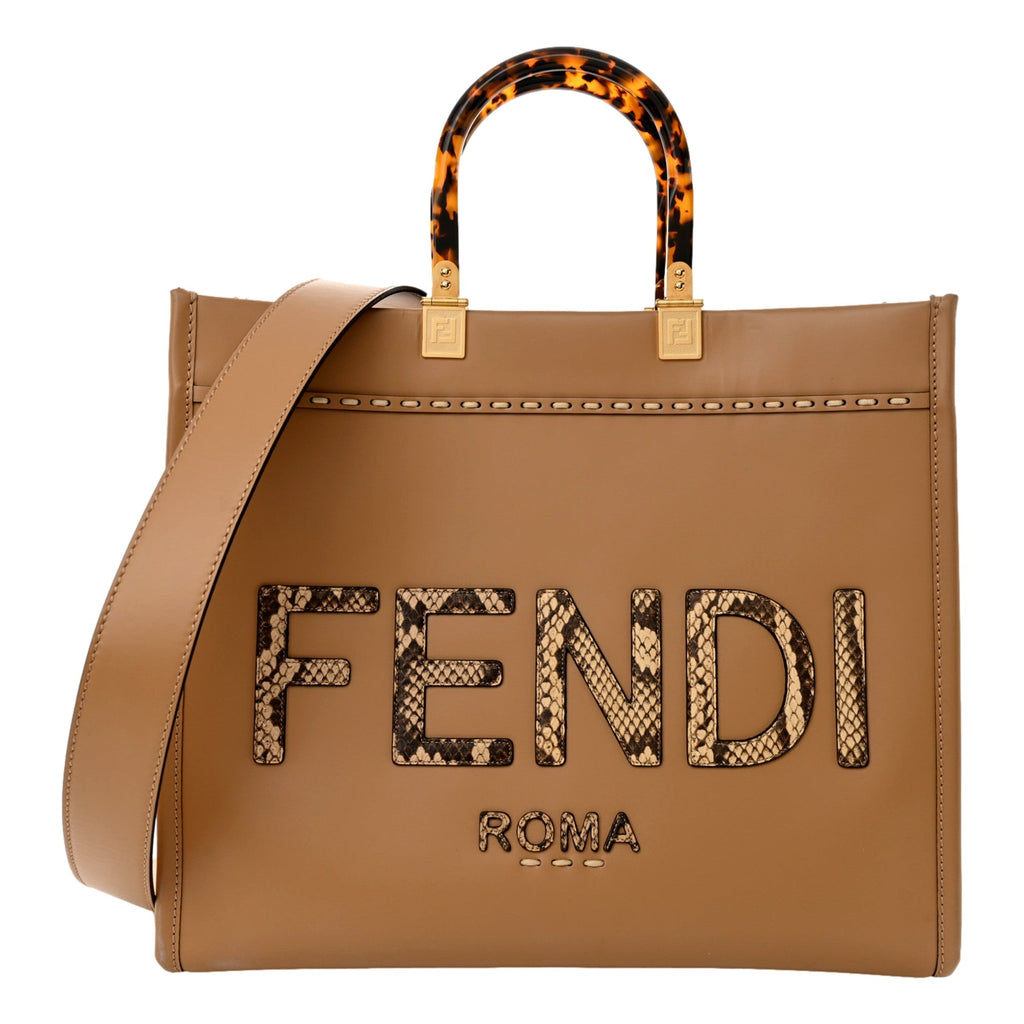 Fendi Sunshine Tan Leather Snake Print Logo Large Tote -   Shop Bags LLC