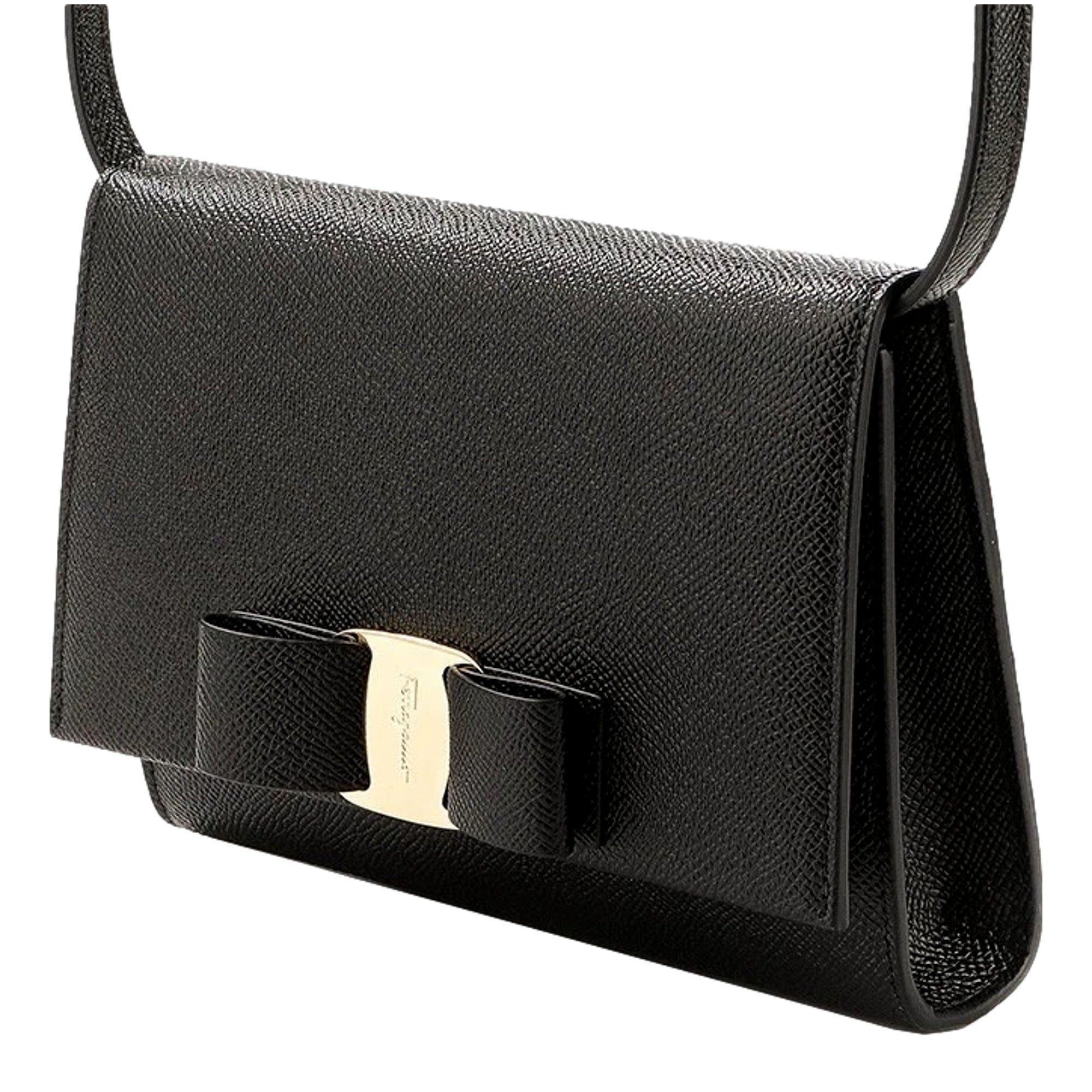 Ferragamo Ginny Black Vitello Grain Leather Crossbody Bow Handbag -   Shop Bags LLC