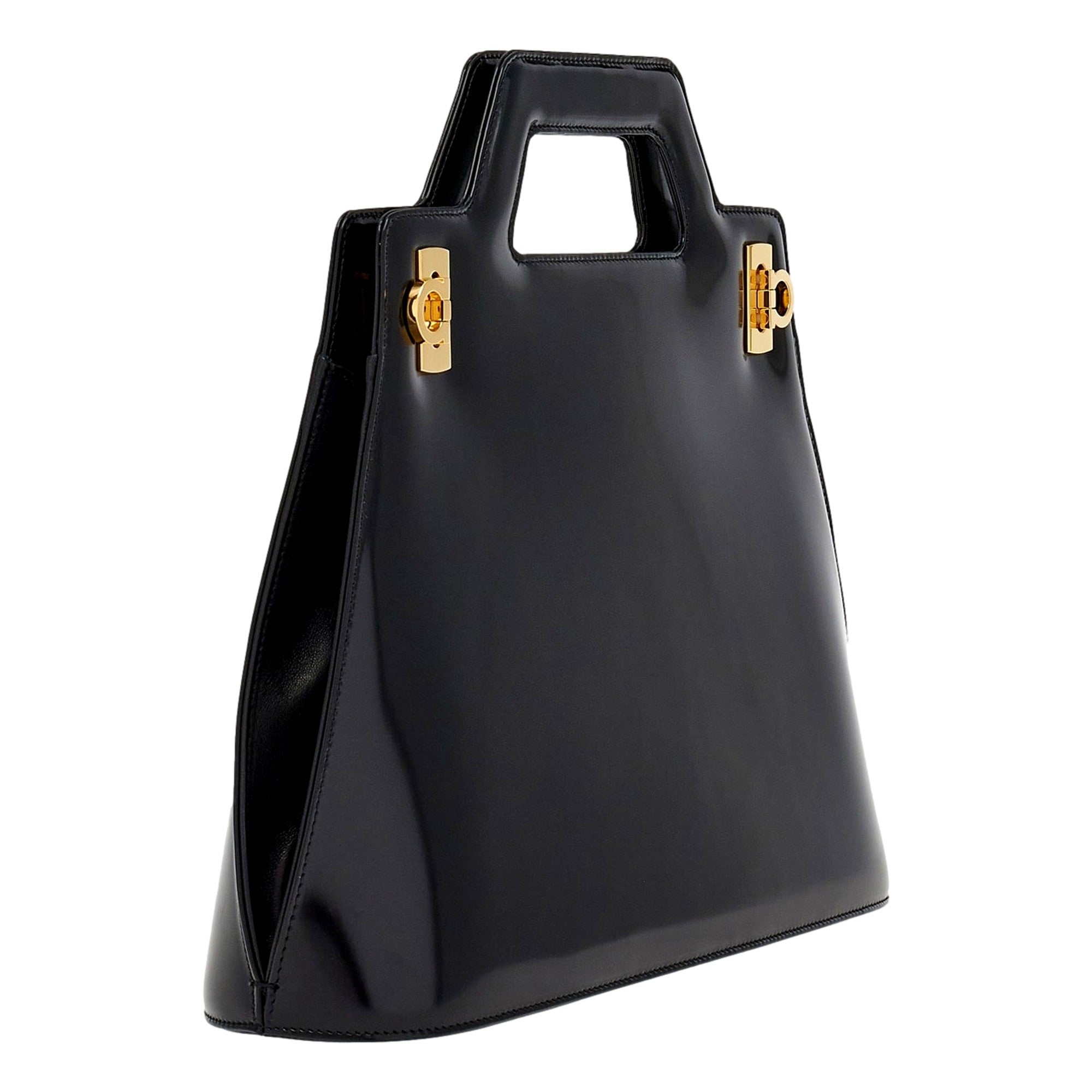 Ferragamo Wanda Black Patent Leather Top Handle Handbag -   Shop Bags LLC