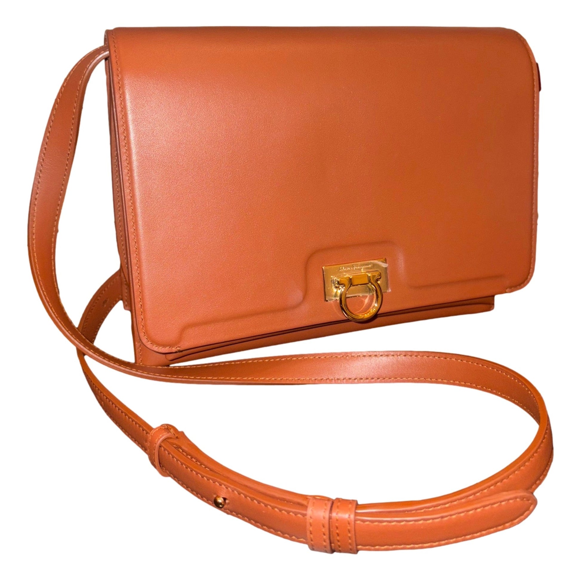 Flap Crossbody Bag Cognac Brown - Elegant Ferragamo Trifolio Design -   Shop Bags LLC