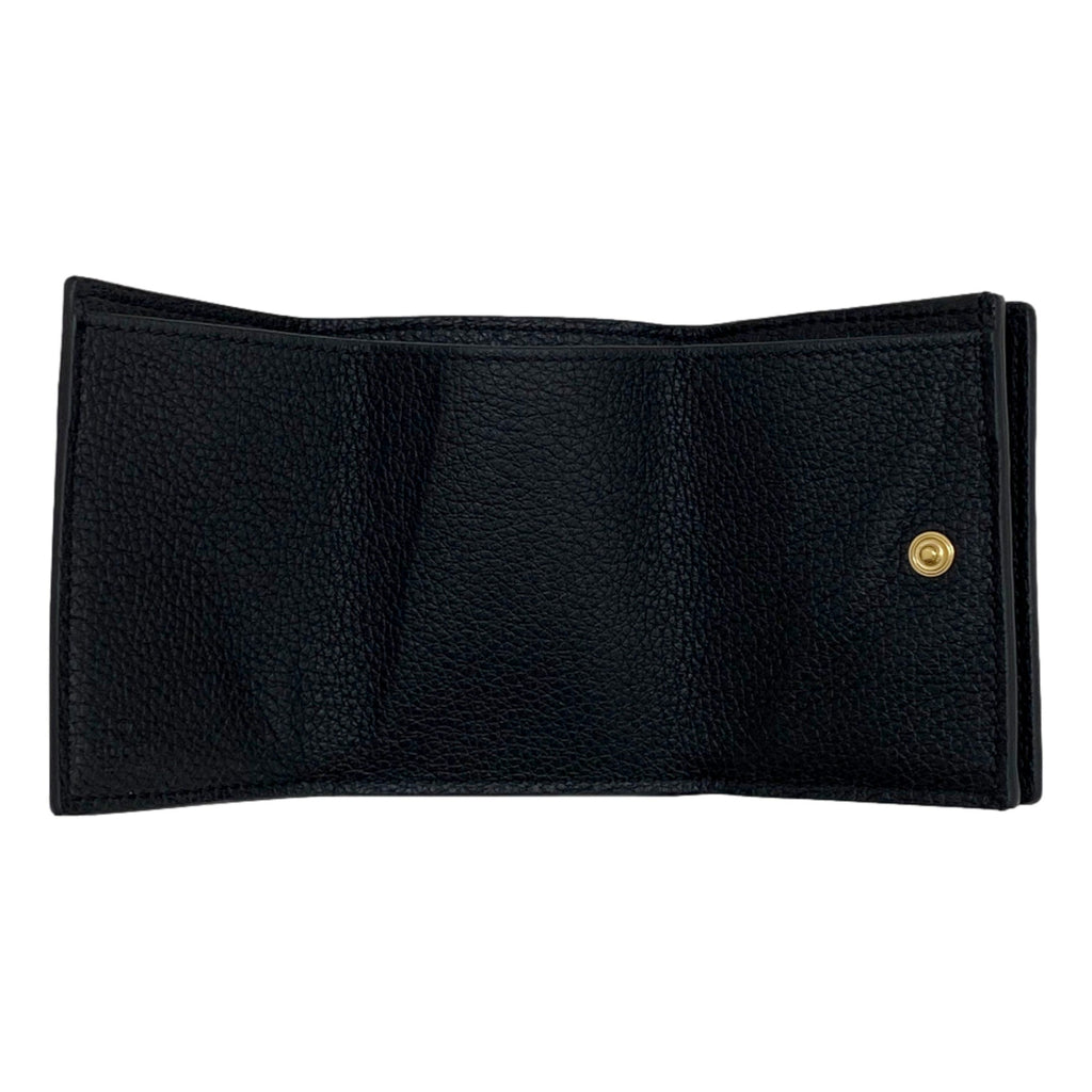 Gucci Black Leather Mini Wallet - Elegant Tri-Fold with Gold Accents -   Shop Bags LLC