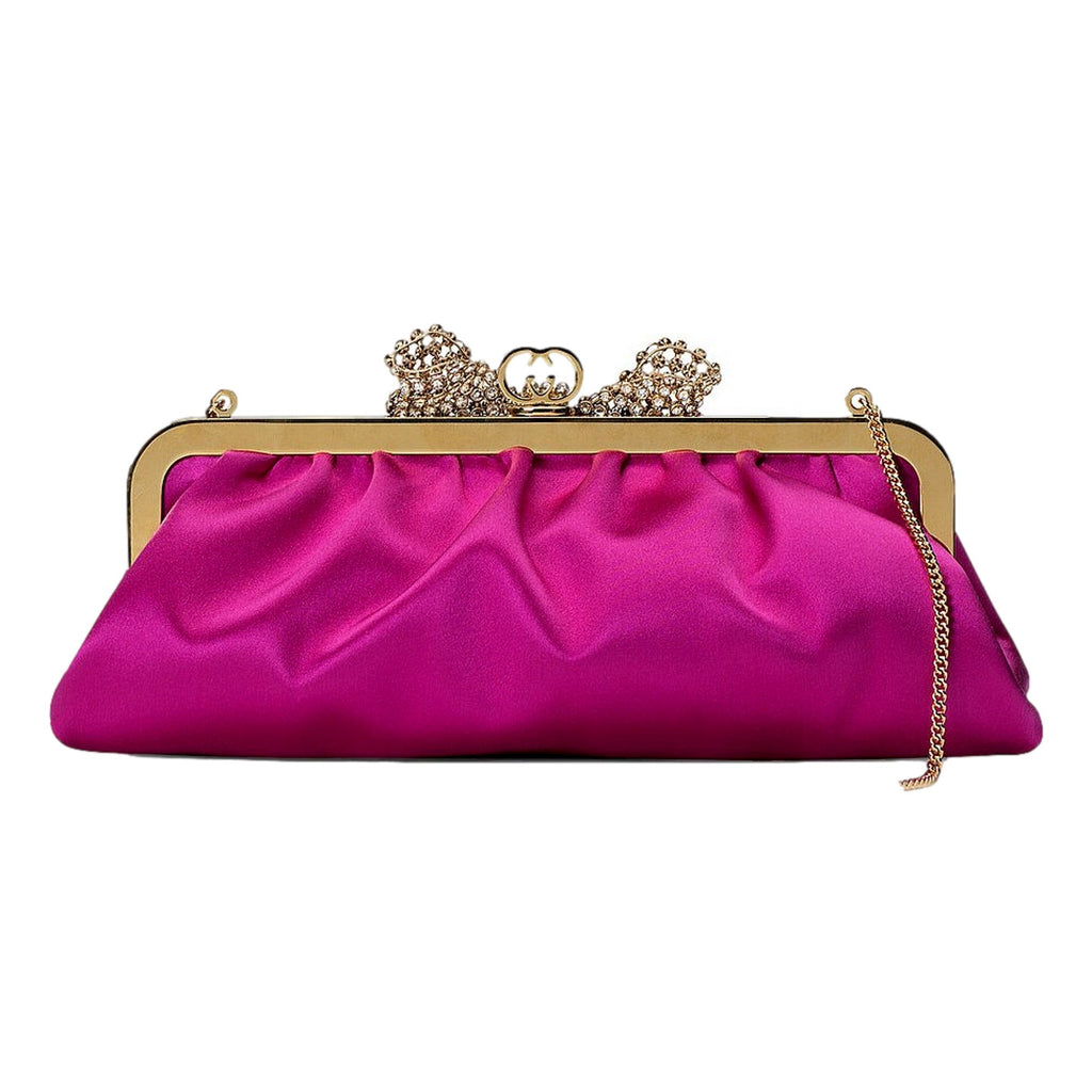 Gucci Fuchsia Satin Clutch with Crystal Bow - Elegant Evening Bag -   Shop Bags LLC