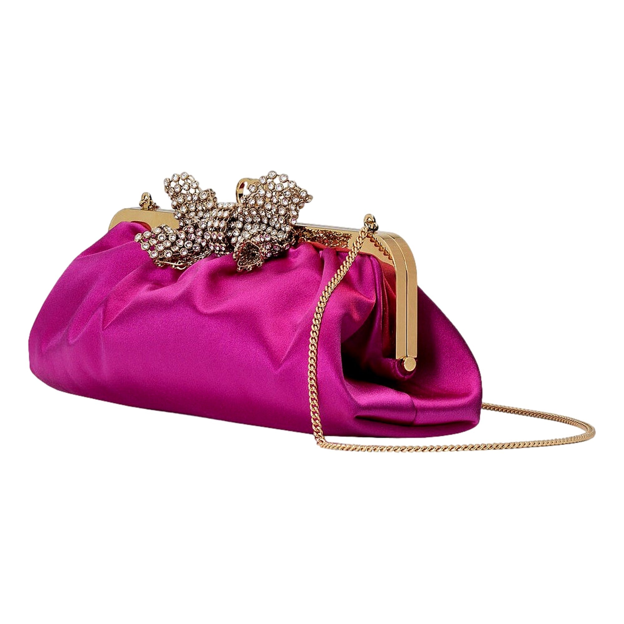 Gucci Fuchsia Satin Clutch with Crystal Bow - Elegant Evening Bag -   Shop Bags LLC