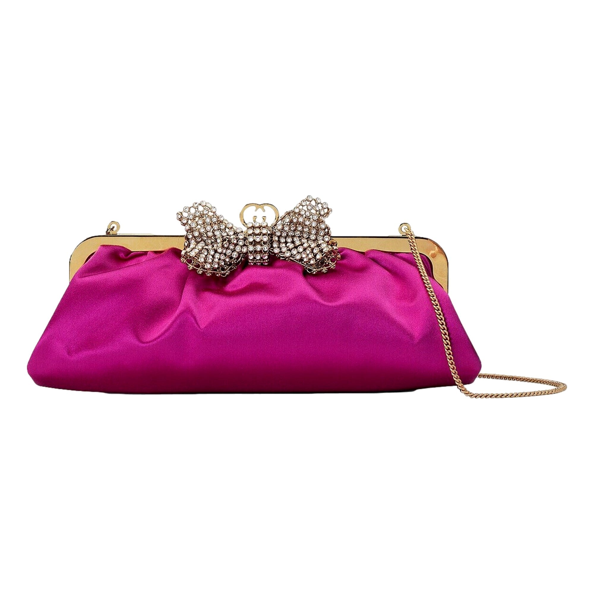 Gucci Fuchsia Satin Clutch with Crystal Bow - Elegant Evening Bag -   Shop Bags LLC