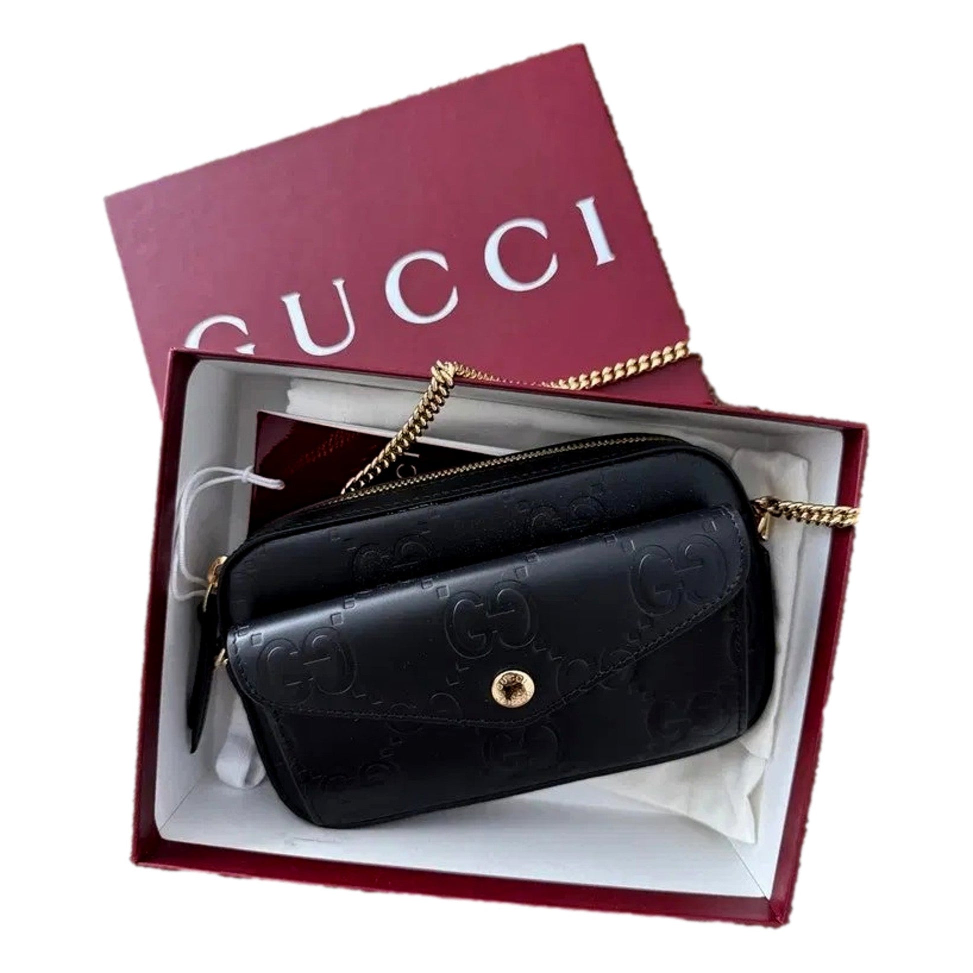 Gucci Gilbert Black Guccissima Leather Double Zip Camera Crossbody Bag Gold Chain -   Shop Bags LLC 
