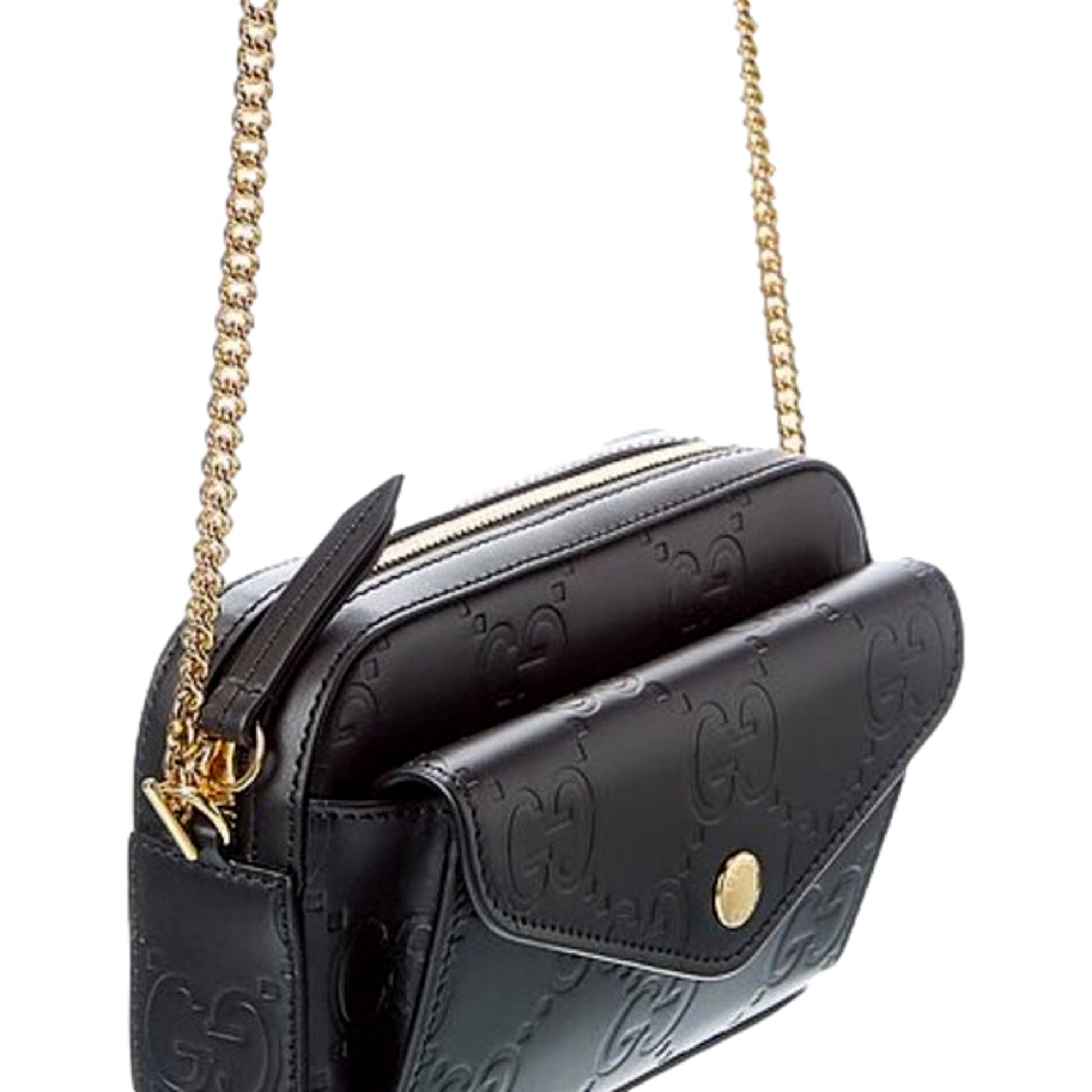 Gucci Gilbert Black Guccissima Leather Double Zip Camera Crossbody Bag Gold Chain -   Shop Bags LLC 