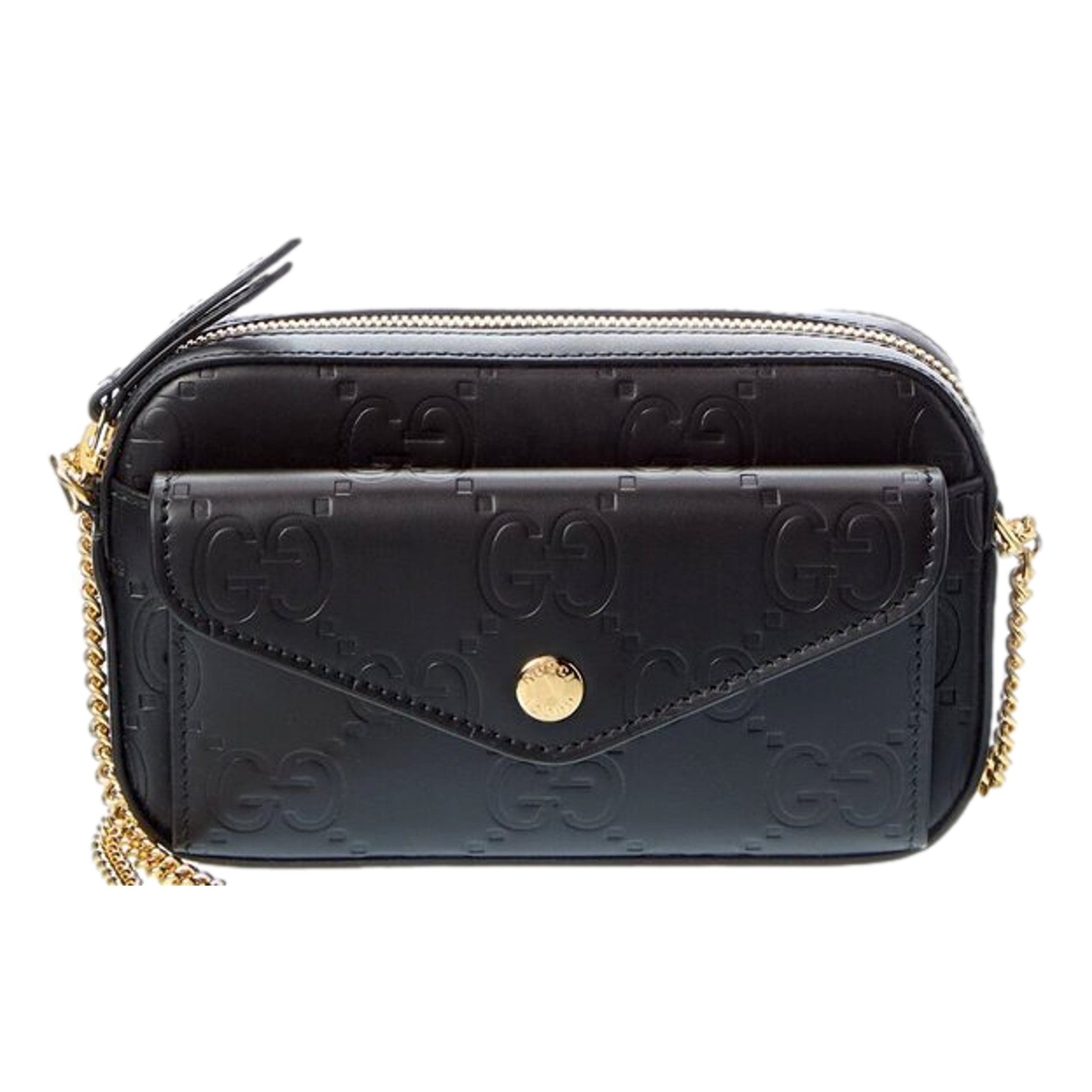 Gucci Gilbert Black Guccissima Leather Double Zip Camera Crossbody Bag Gold Chain -   Shop Bags LLC 