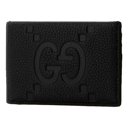 Gucci Jumbo GG Black Leather Card Holder Wallet Embossed Logo
