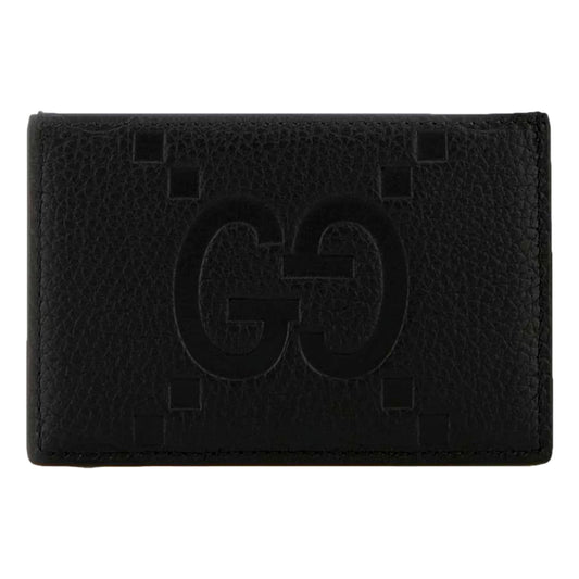 Gucci Jumbo GG Black Leather Card Holder Wallet Embossed Logo