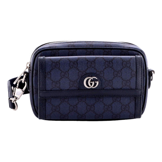 Gucci Ophidia Front Pocket Camera Bag GG Coated Canvas Mini Navy Blue -   Shop Bags LLC 
