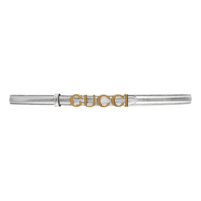 Gucci Silver Leather Belt with Gold Logo - Elegant & Timeless -   Shop Bags LLC