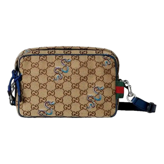 Gucci Snake Embroidered Beige Canvas Blue Trim Crossbody Bag -   Shop Bags LLC