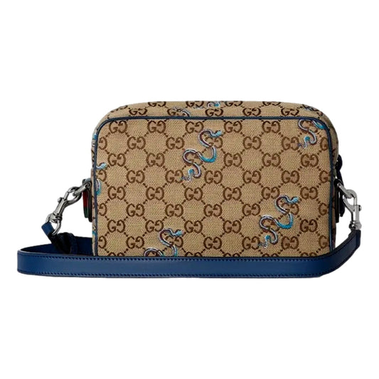 Gucci Snake Embroidered Beige Canvas Blue Trim Crossbody Bag -   Shop Bags LLC