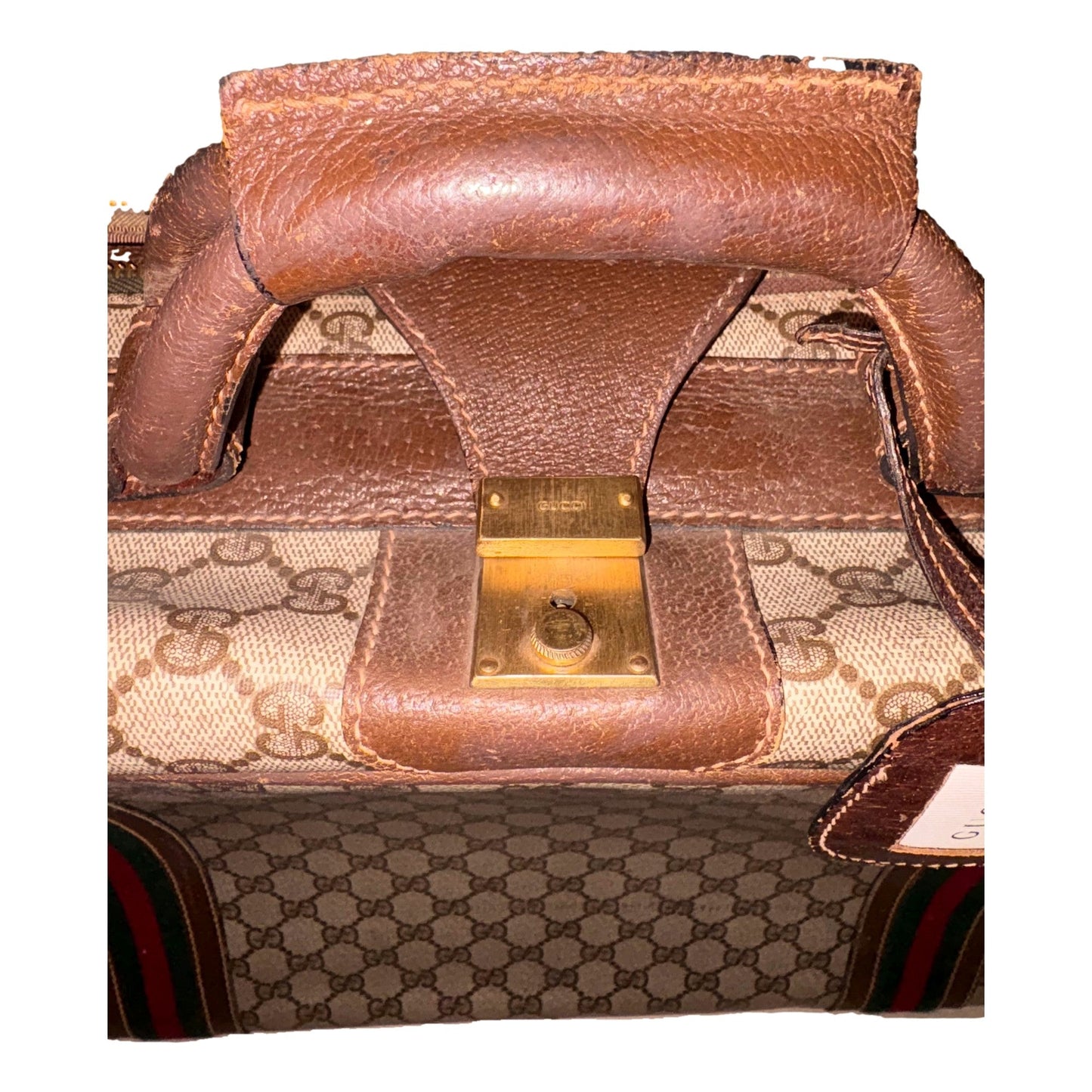 Gucci Vintage GG Monogram Canvas Travel Suitcase with Web Stripe and Leather Trim -   Shop Bags LLC 