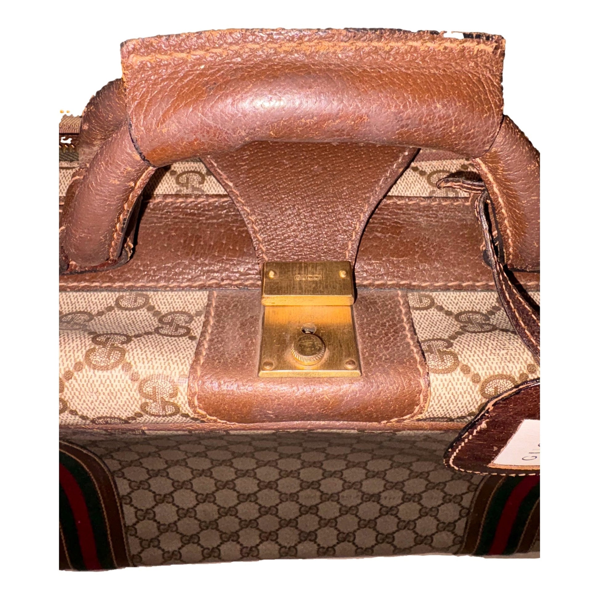 Gucci Vintage GG Monogram Canvas Travel Suitcase with Web Stripe and Leather Trim -   Shop Bags LLC 