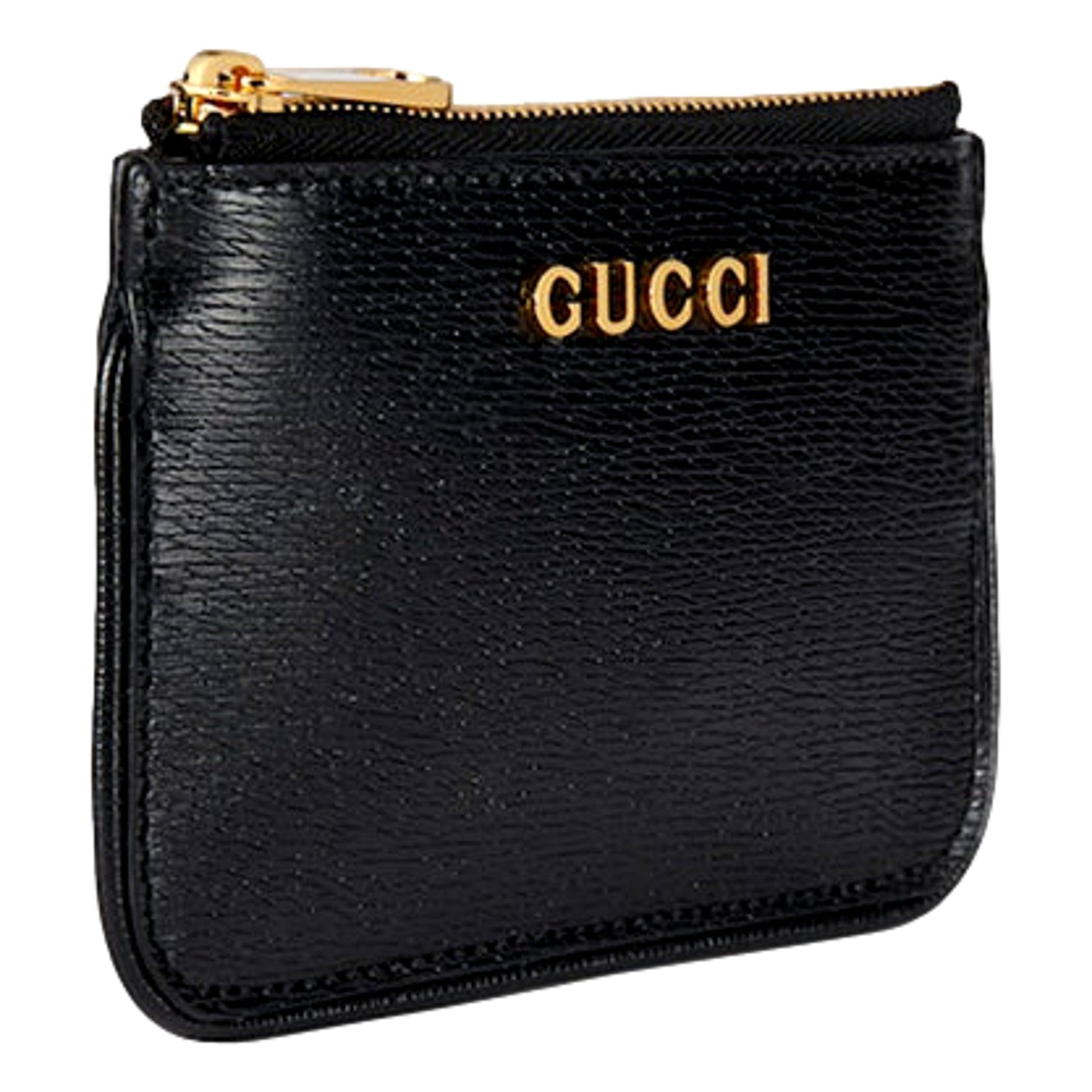 Gucci Zip Key Case Black Leather Card Holder Gold Logo Script -   Shop Bags LLC 