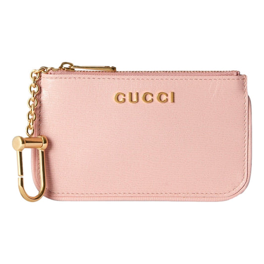 Gucci Zip Key Case Pink Leather Card Holder Gold Logo Script