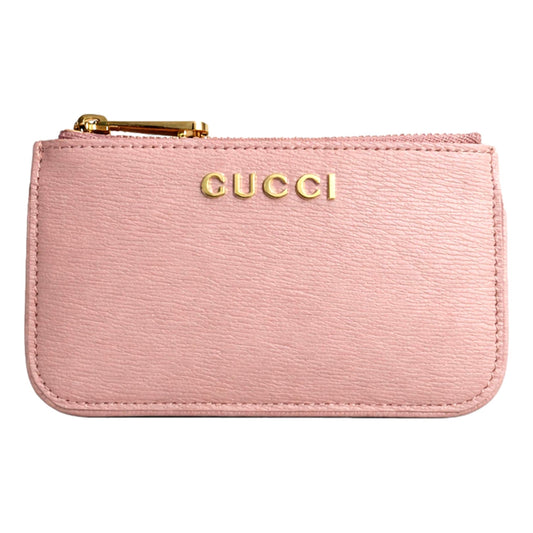Gucci Zip Key Case Pink Leather Card Holder Gold Logo Script