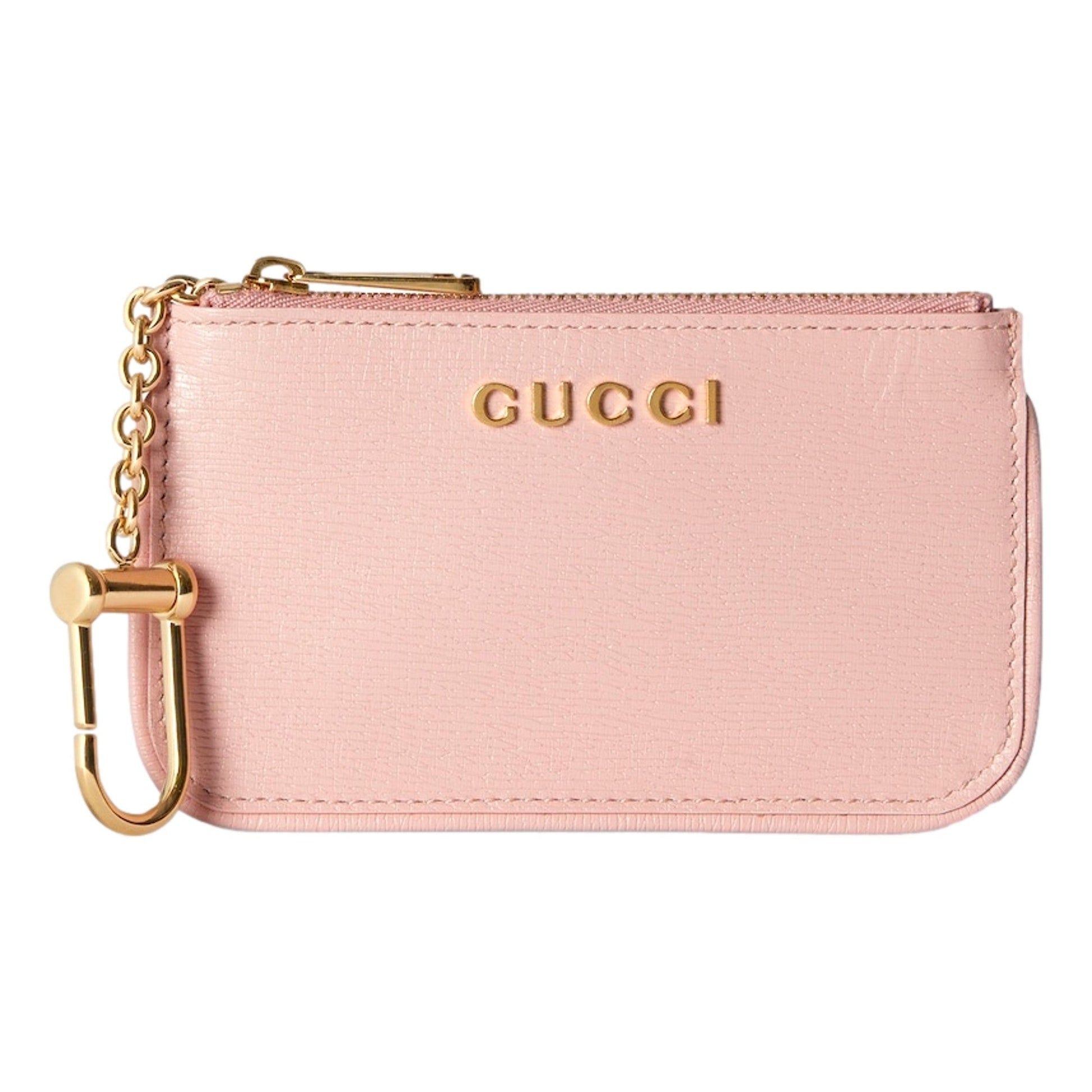 Gucci Zip Key Case Pink Leather Card Holder Gold Logo Script -   Shop Bags LLC 
