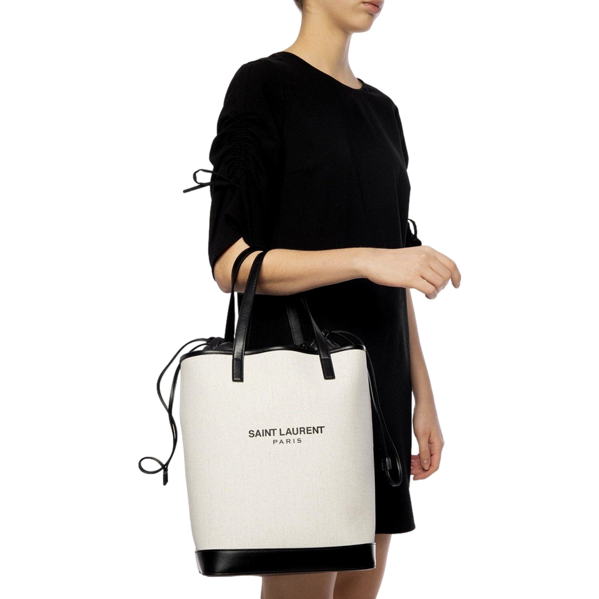 Saint Laurent Teddy White Bucket Bag: Stylish & Durable Linen Design