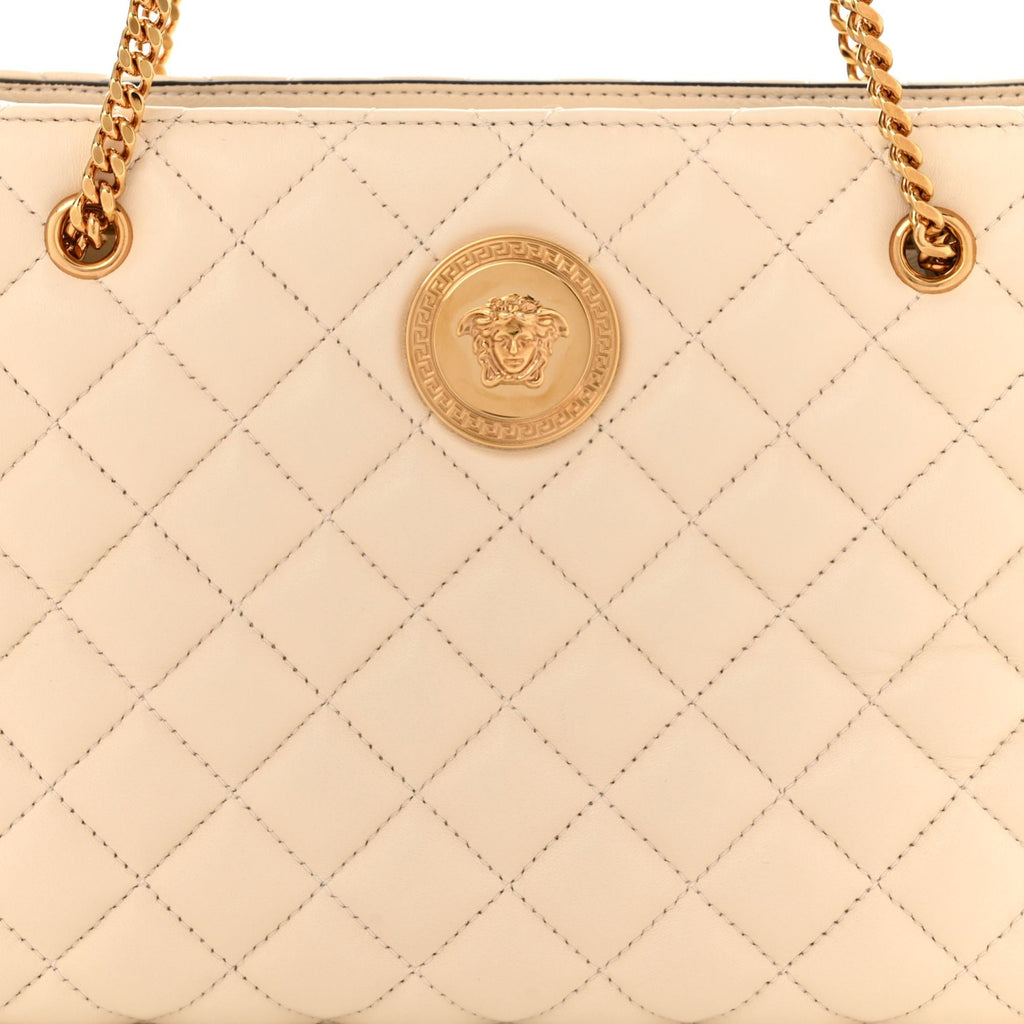 Luxury Versace Large Tote Bag in Quilted Beige Leather